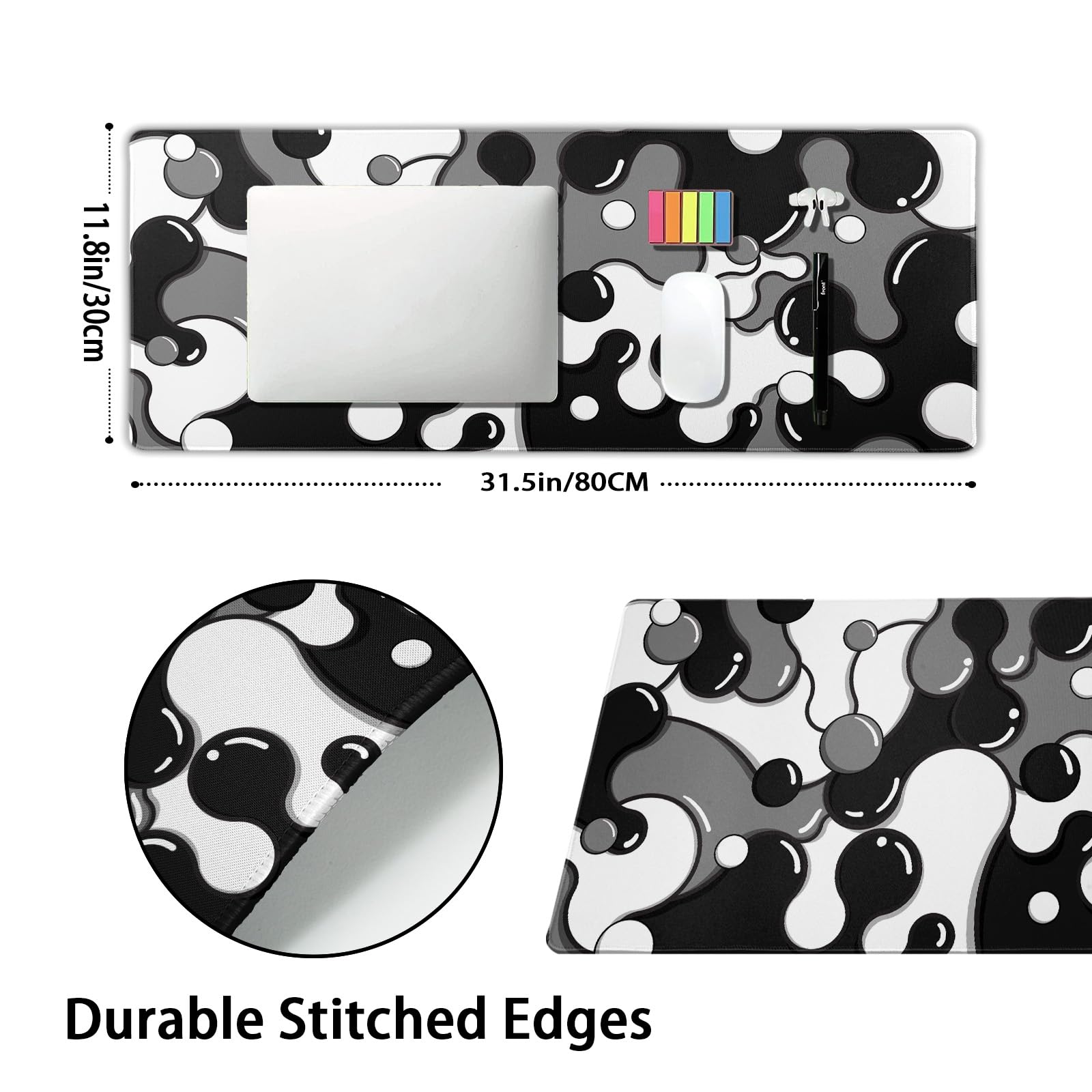 Black White Grey Anime Geometric Japanese Extended Desk Mat - XL Non-Slip Rubber Base Mouse Pad 80x30cm (31.5×11.8 Inch) with Stitched Edge for Gaming, Office & Home Use - Perfect for PC, Laptop & Desktop Workspace