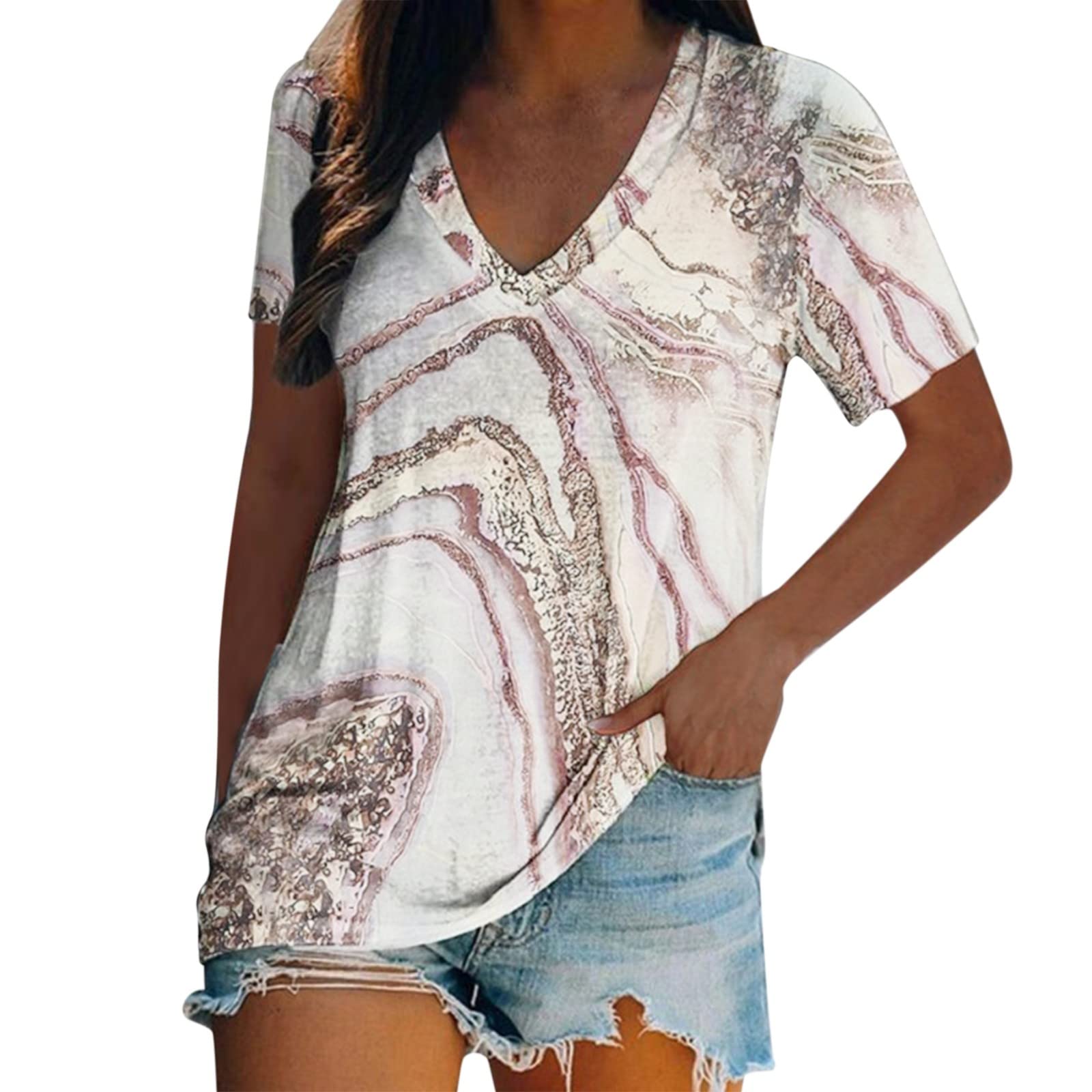 Oversized Tie-Dye V-Neck T-Shirt for Women - Summer Short Sleeve Casual Printed Top (Beige, Large) | Perfect for Beach Outings, Music Festivals & Everyday Comfort