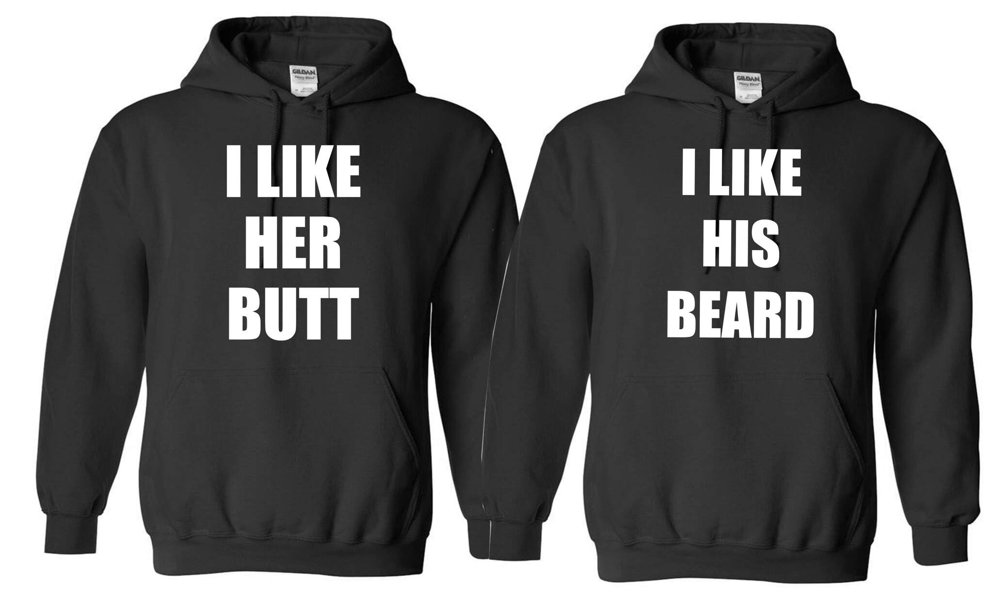 Southern Sisters Couples Hoodie Set - 'I Like Her Butt' & 'I Like His Beard' Matching Hoodies - Black - Perfect for Anniversaries, Valentine's Day & Couple Photos