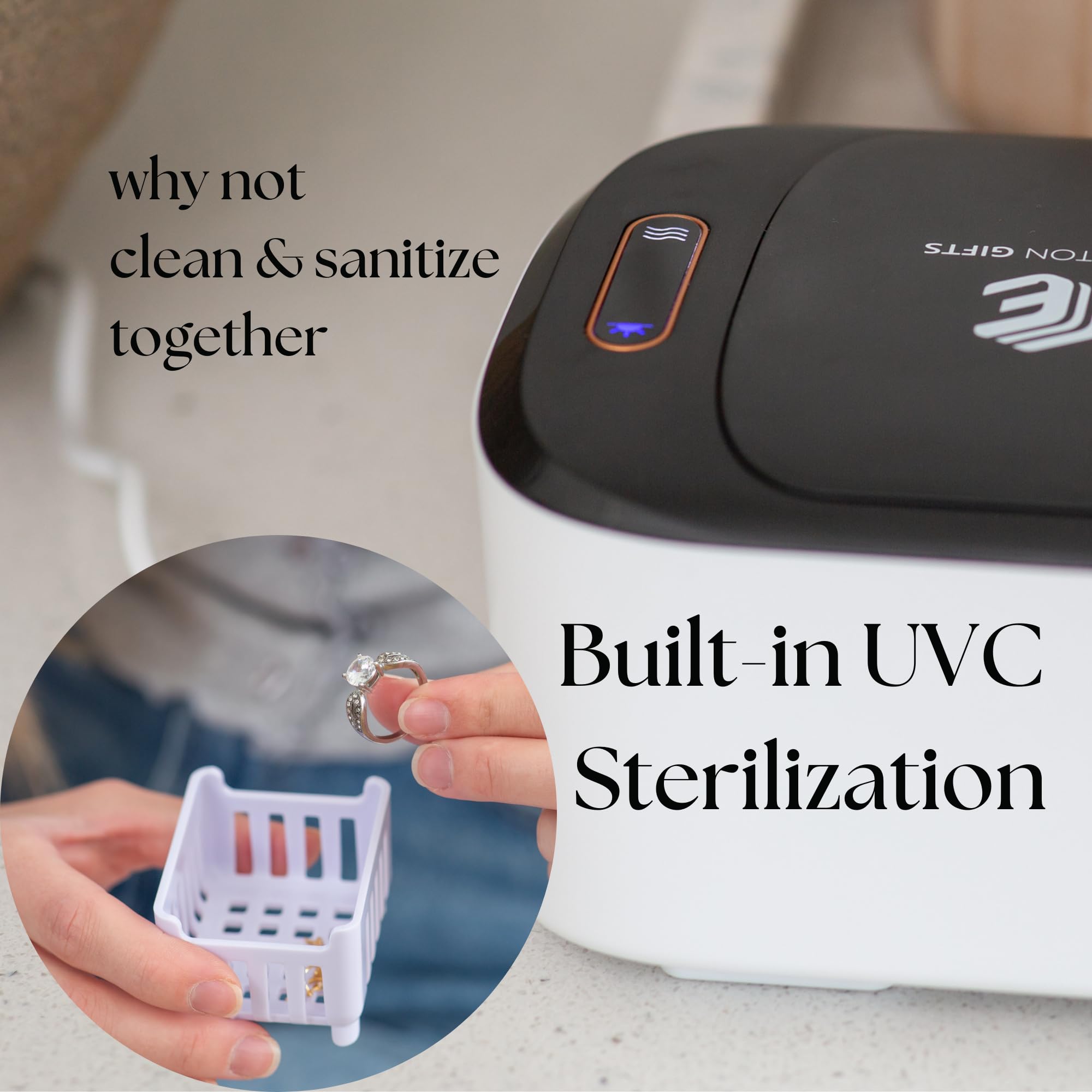 UV-C Ultrasonic Jewelry Cleaner - 46KHz Portable Sonic Cleaning Device with 18Oz Capacity for Jewelry, Necklaces, Watches, Dentures & Aligners | Perfect for Home, Travel & Professional Jewelry Care