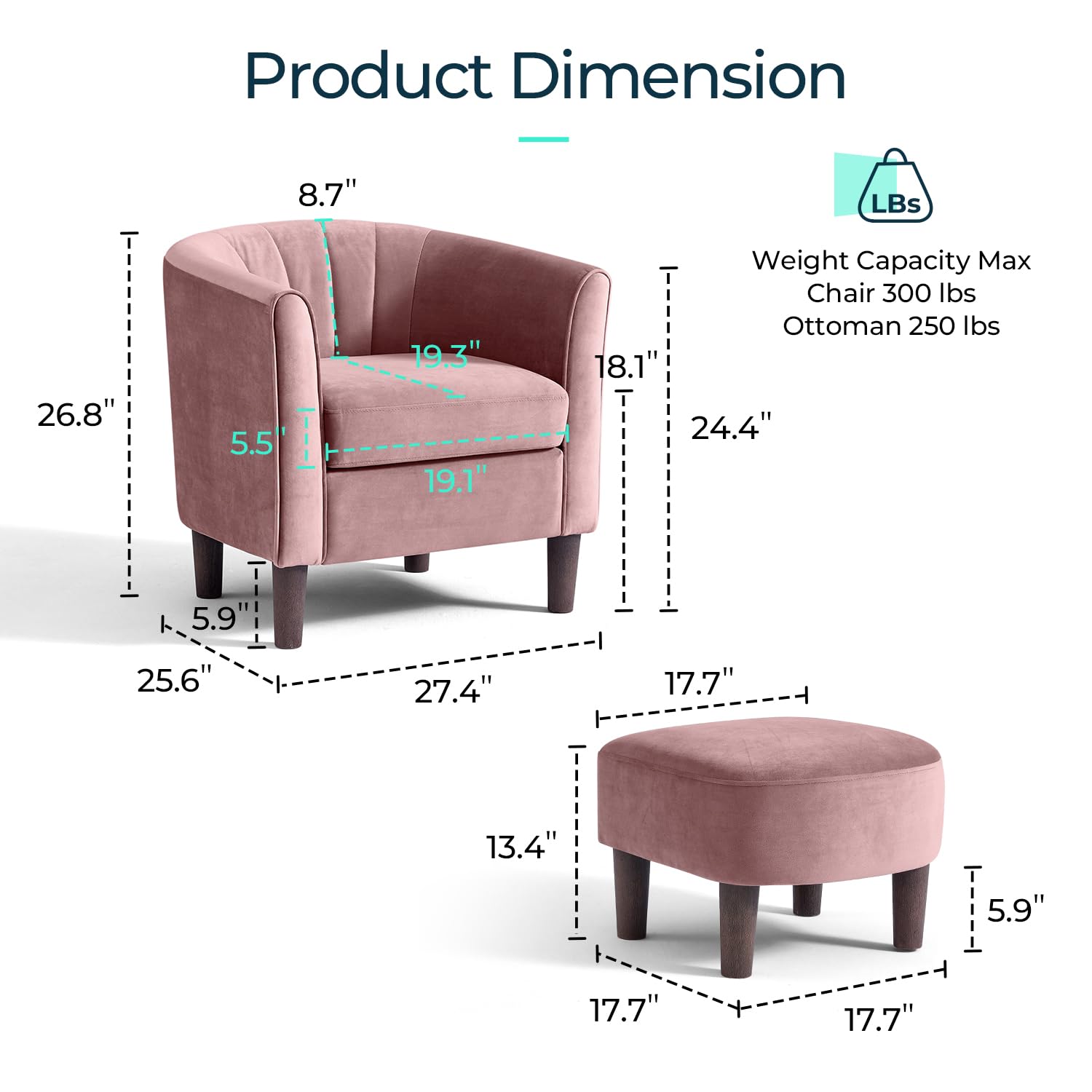 LINSY Modern Velvet Accent Chair with Ottoman - Pink Barrel Armchair for Living Room, Bedroom & Reading Nook - Comfortable Lounge Chair with Footrest for Relaxing & Reading