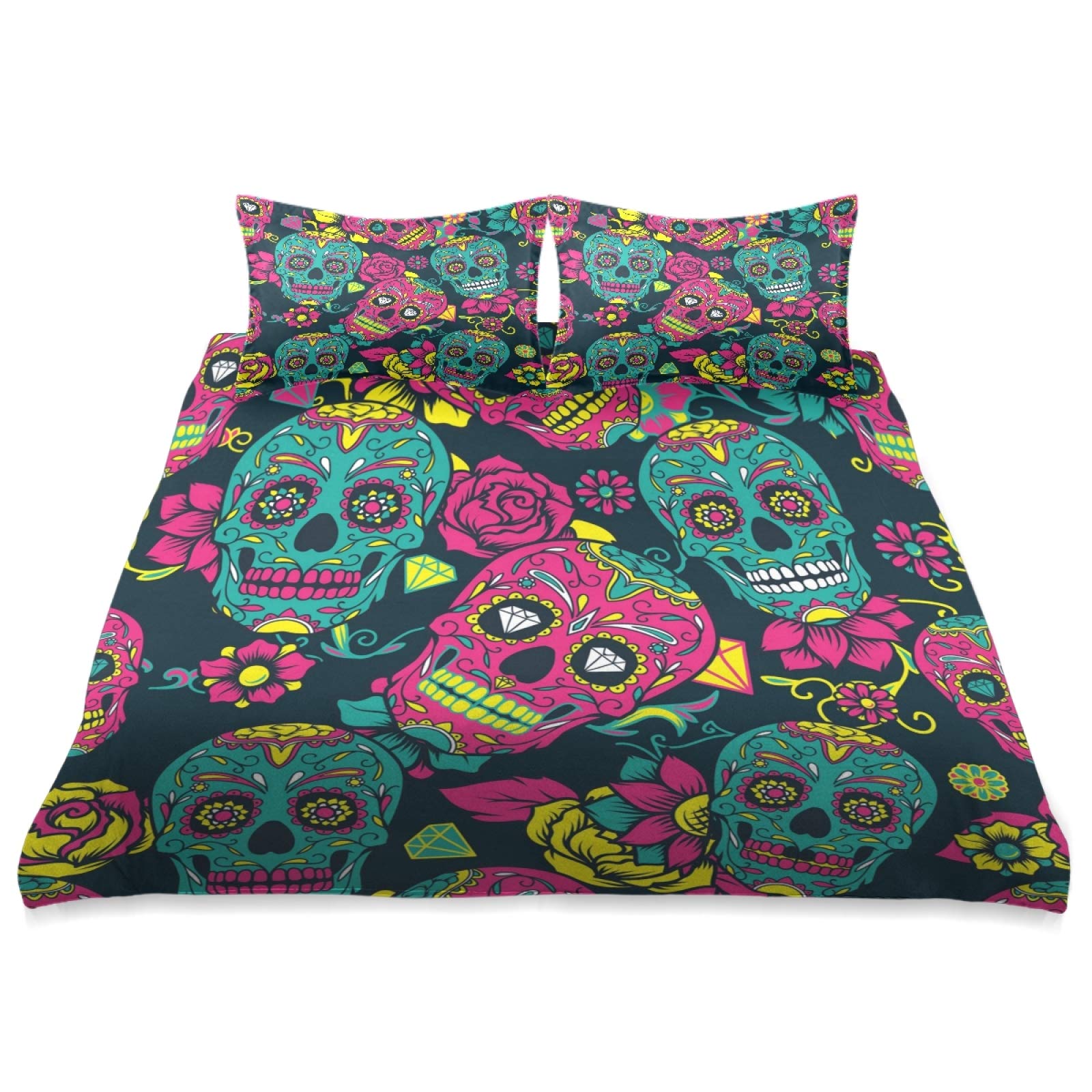 Abstract Floral Sugar Skull Comforter Cover Set - King Size 3-Piece Bedding Set (90