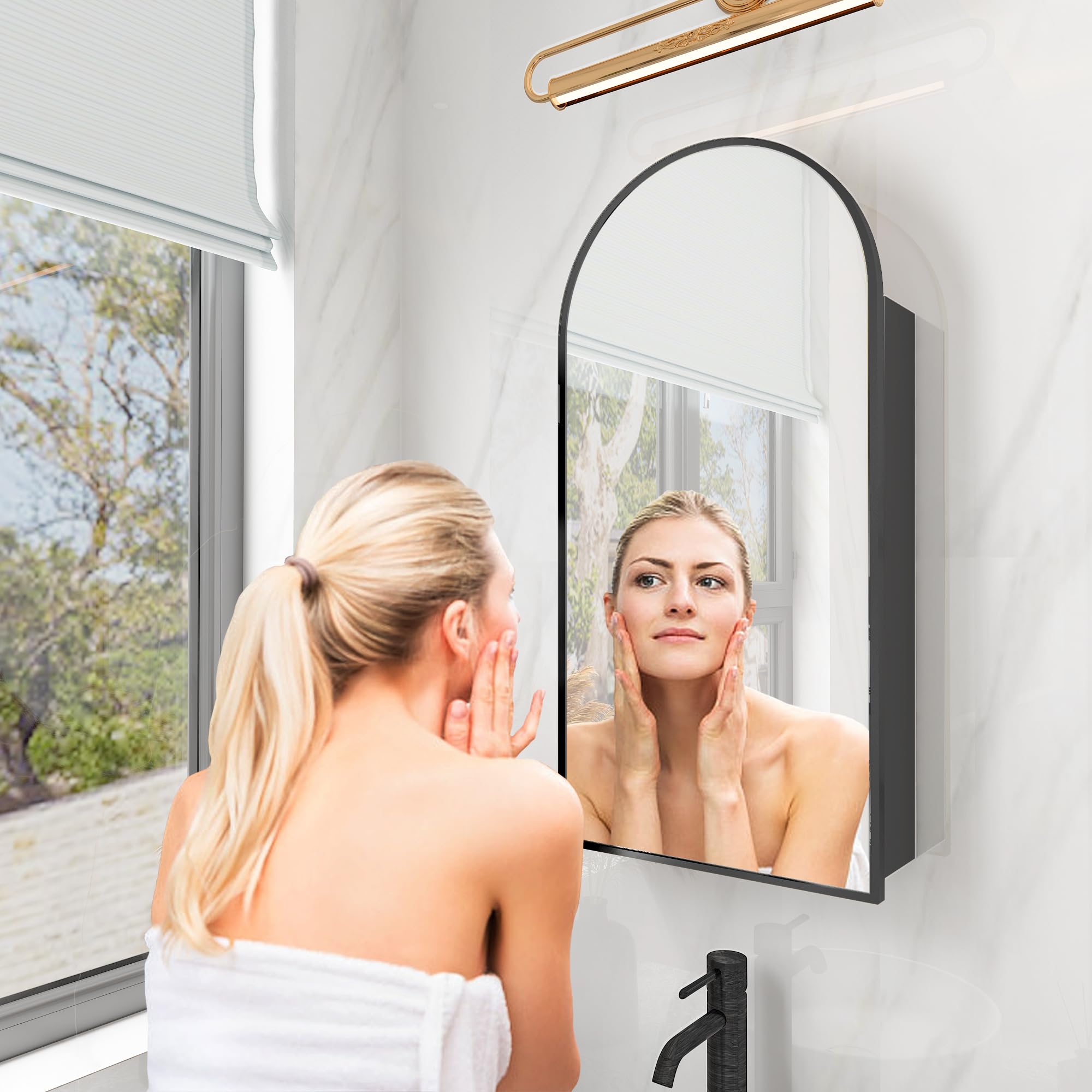 FKWin Arched Medicine Cabinet with Mirror - Aluminum Alloy Brushed Frame Bathroom Storage Mirror - 3 Adjustable Shelves Vanity Mirror - Surface Wall Mounted (Not Recessed) - 24x36 Inches Black - Perfect for Bathroom, Bedroom & Vanity Organization