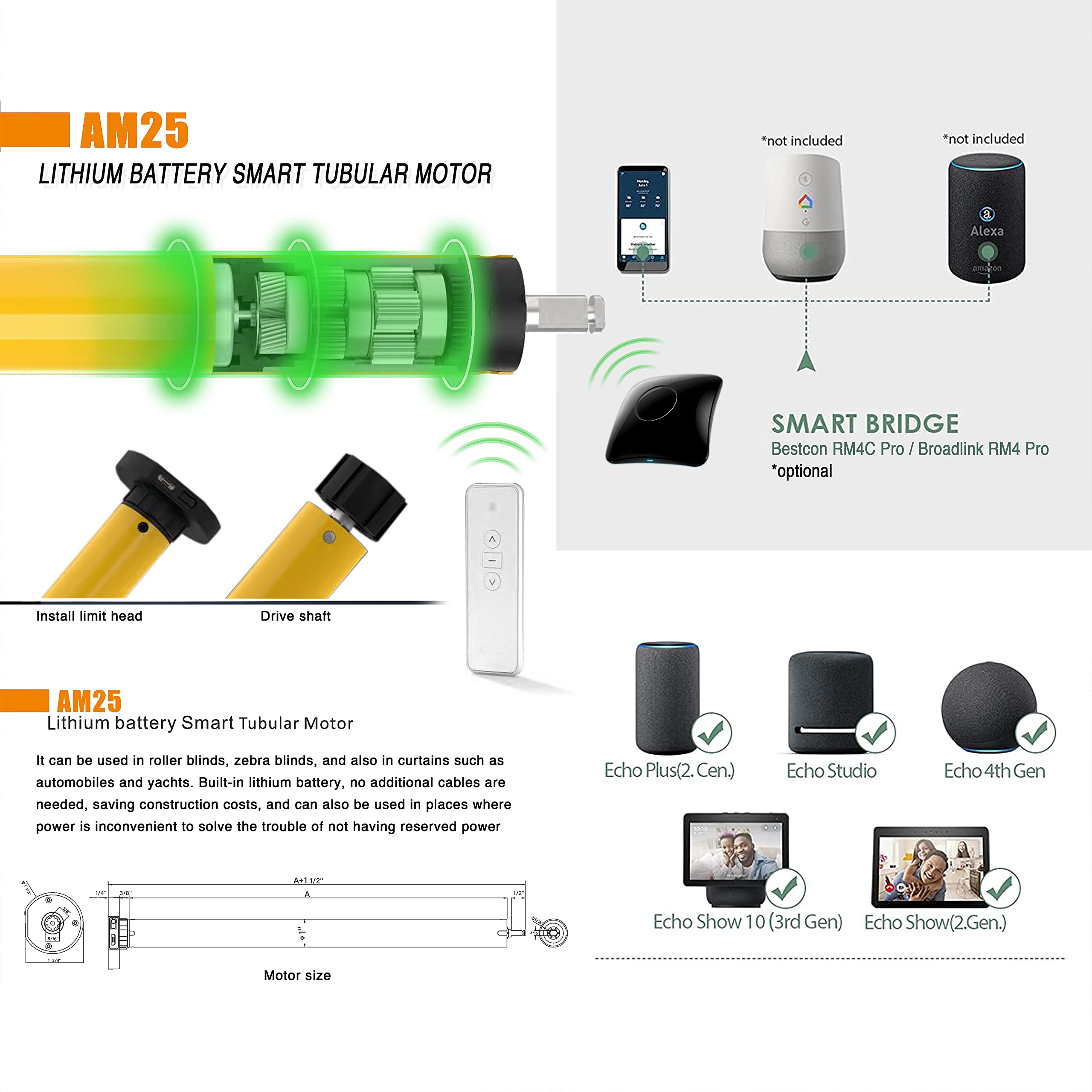 Smart Motorized Roller Shades with Remote Control - Rechargeable Built-in Battery, App & Voice Control for Alexa & Google Home - Perfect for Smart Homes, Bedrooms & Living Rooms