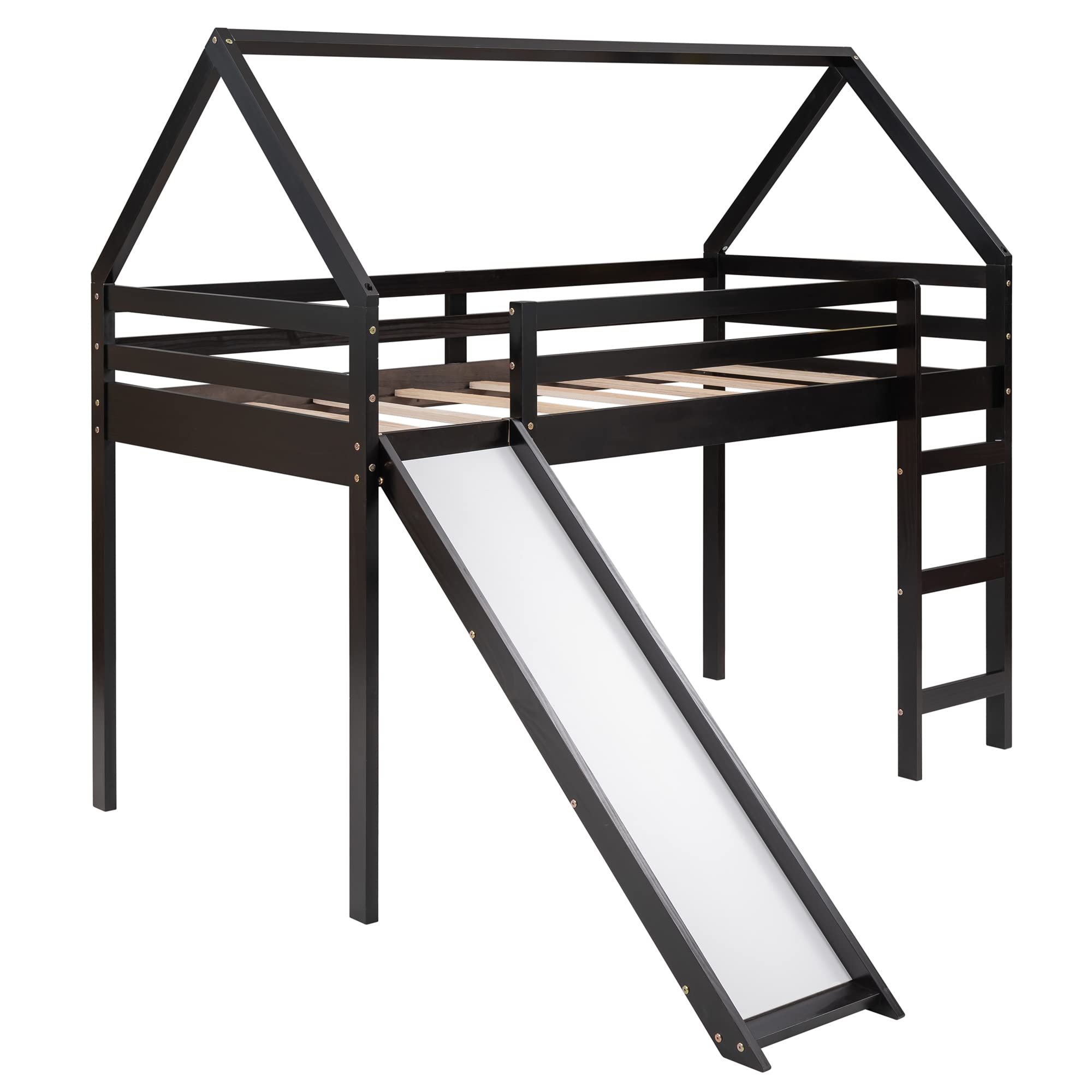 Twin Size Loft Bed with Slide - Wooden Space-Saving House Bed Frame for Kids, Play Tent Bed with Roof & Ladder, No Box Spring Needed (Espresso) - Perfect for Small Bedrooms, Playrooms & Kids' Sleepovers