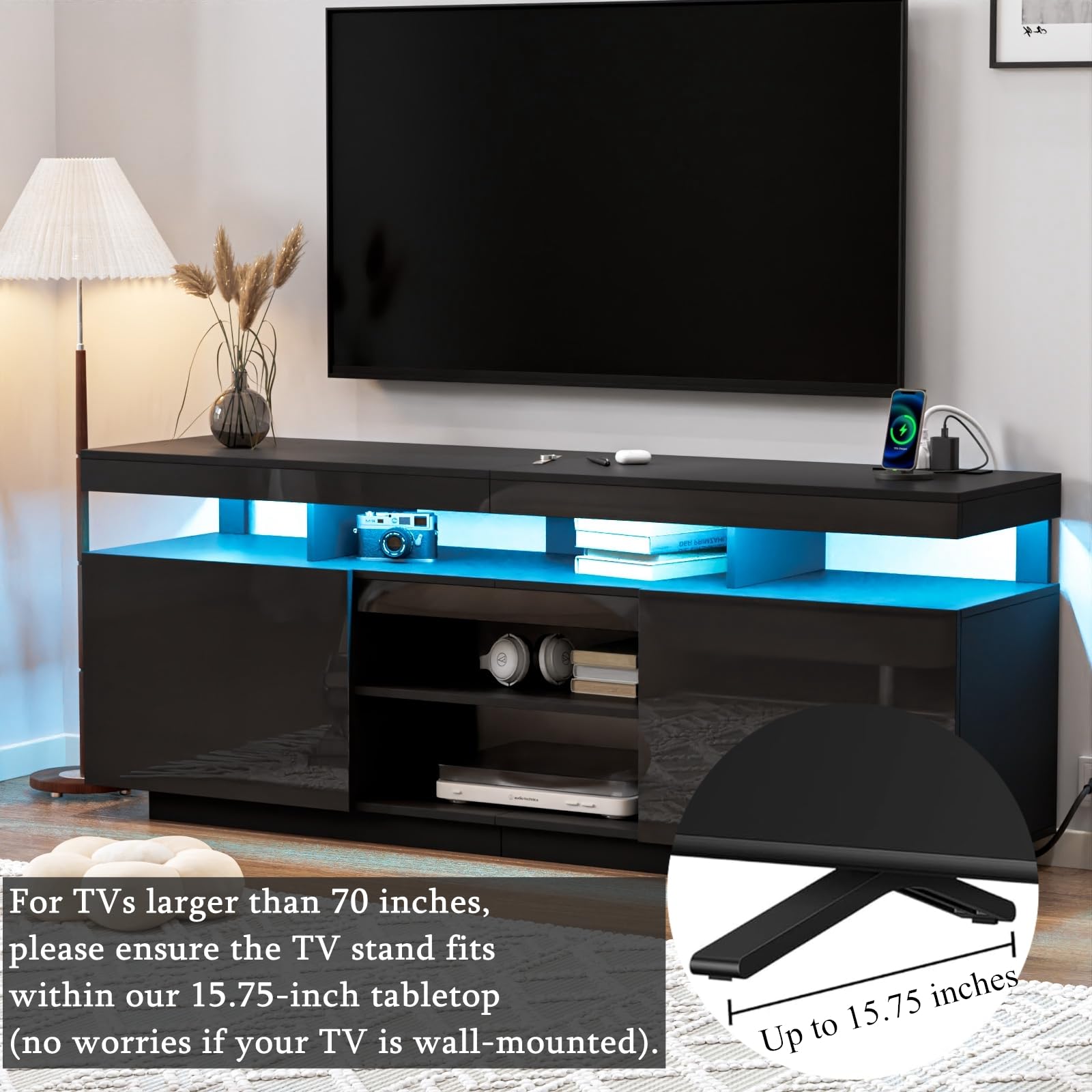 HOMMPA 75 Inch LED TV Stand - Modern Tall Entertainment Center with Power Outlets, High Gloss Black TV Console with Storage for Living Room & Bedroom - Perfect for Gaming & Media Storage - Fits 75/70/65/55 Inch TVs - Ideal for Home Theater & Family Entertainment Setup