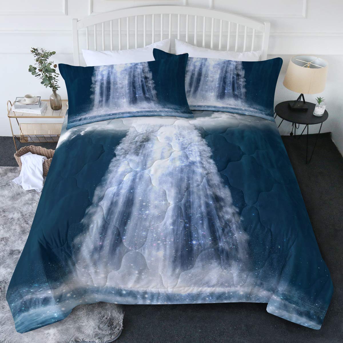 BlessLiving Ultra Soft 3-Piece Full/Queen Waterfall Comforter Set - Blue Fantasy Art Design | Luxury Bedding for Master Bedroom & Guest Room Decor