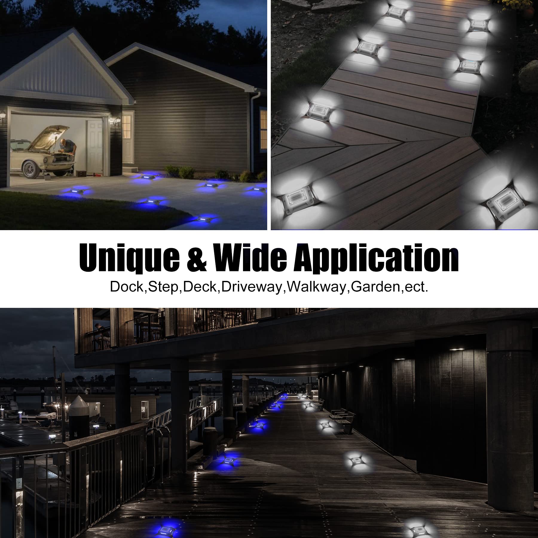 Solar Powered Outdoor LED Deck Lights - 8 Pack Waterproof Driveway & Dock Lights with 1200mAh Battery (Blue & White) - Perfect for Sidewalks, Garden Pathways, Steps & Road Markers