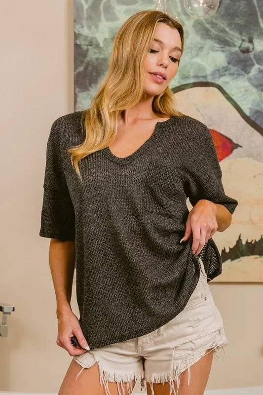 BiBi Boucle Sweater Knit Short Sleeve Henley Top for Women | Casual Summer Tops | Perfect for Beach Outings, Date Nights & Weekend Brunch