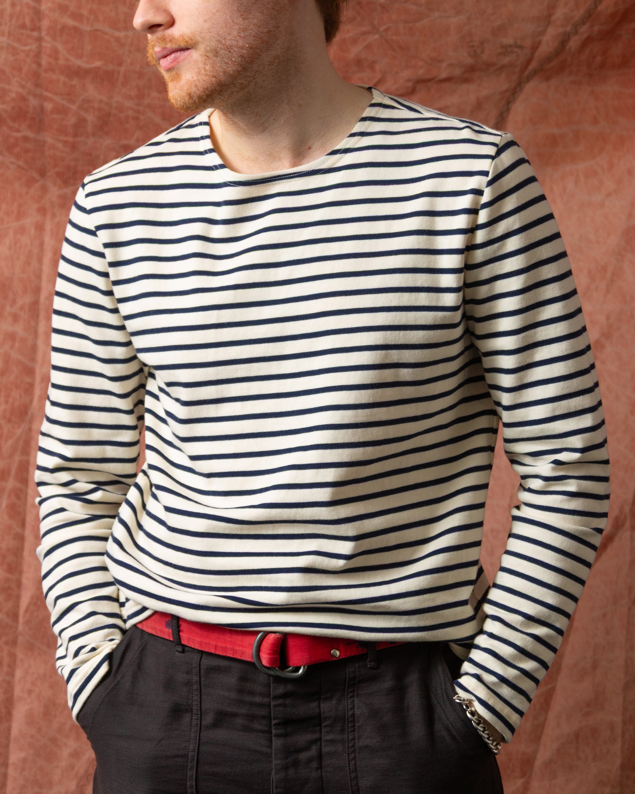 Men's Breton Stripe Boatneck T-Shirt - Classic Off White & Navy Striped Cotton Tee for Casual Wear, Weekend Outfits, and Layering