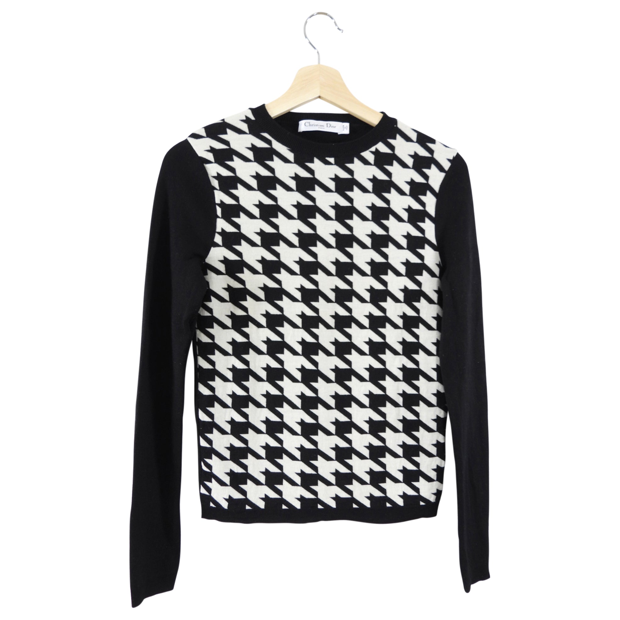 Christian Dior Black & White Houndstooth Knit Sweater Women's Size FR38/US6 - Elegant Pullover for Office, Dinner & Winter Fashion