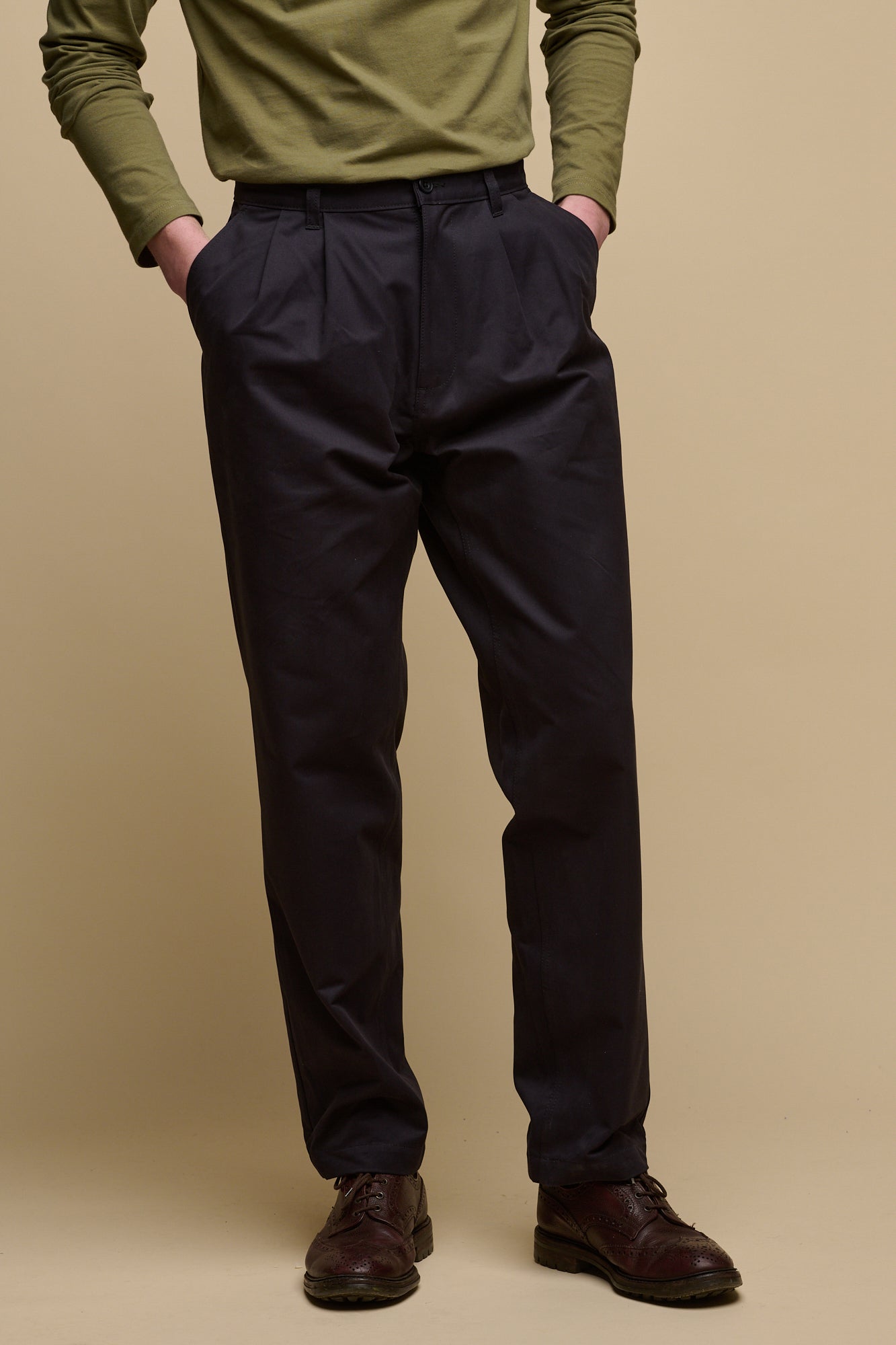 Men's Pleated Lightweight 100% Cotton Twill Chinos - Dark Navy | Comfortable Casual & Office Pants for Work & Everyday Wear