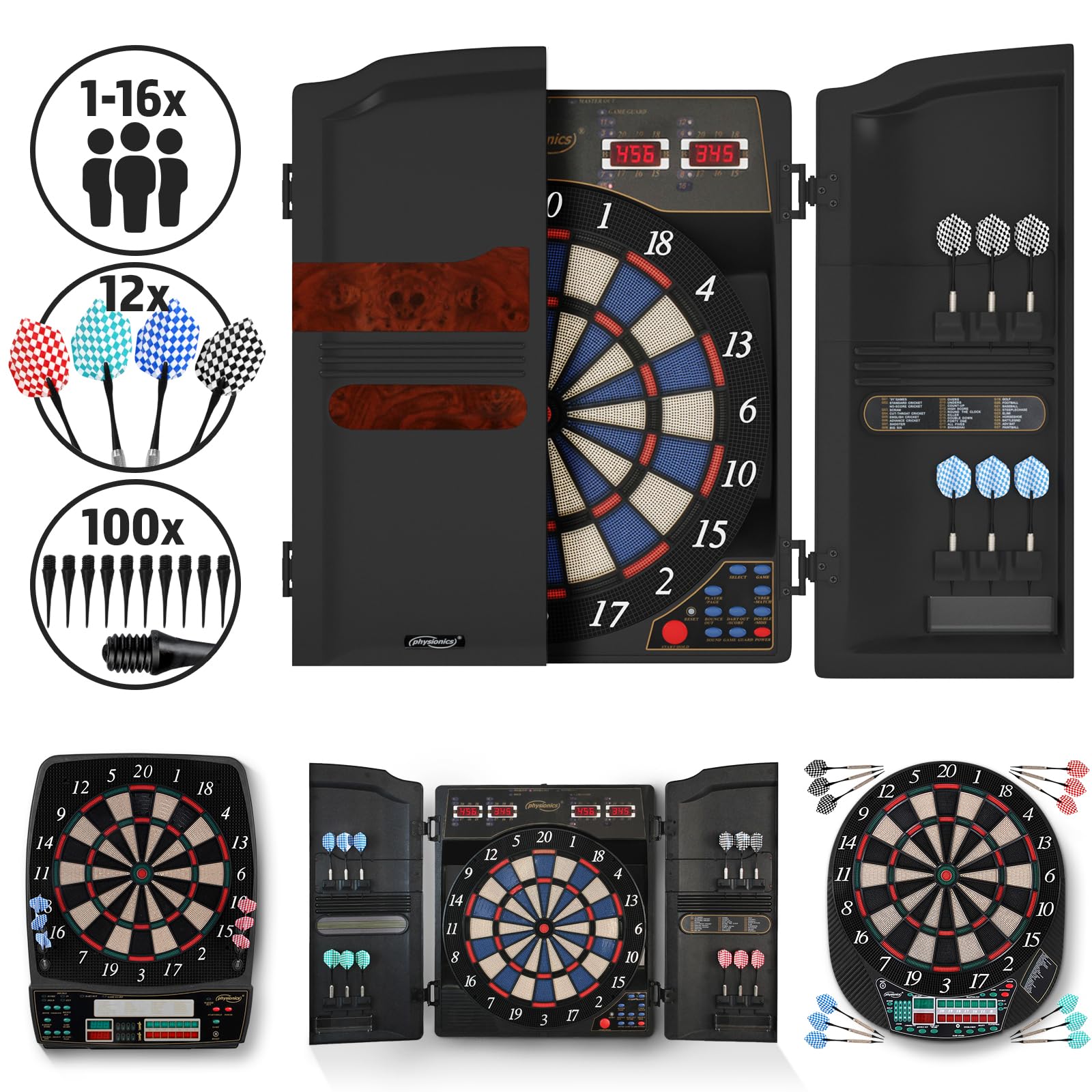 Physionics® Electronic Darts Set with LED Display - 12 Steel Tip Darts, 27/28 Games & 100+ Variations for 16 Players | 3 Models Available - Perfect for Home, Bar & Party Games