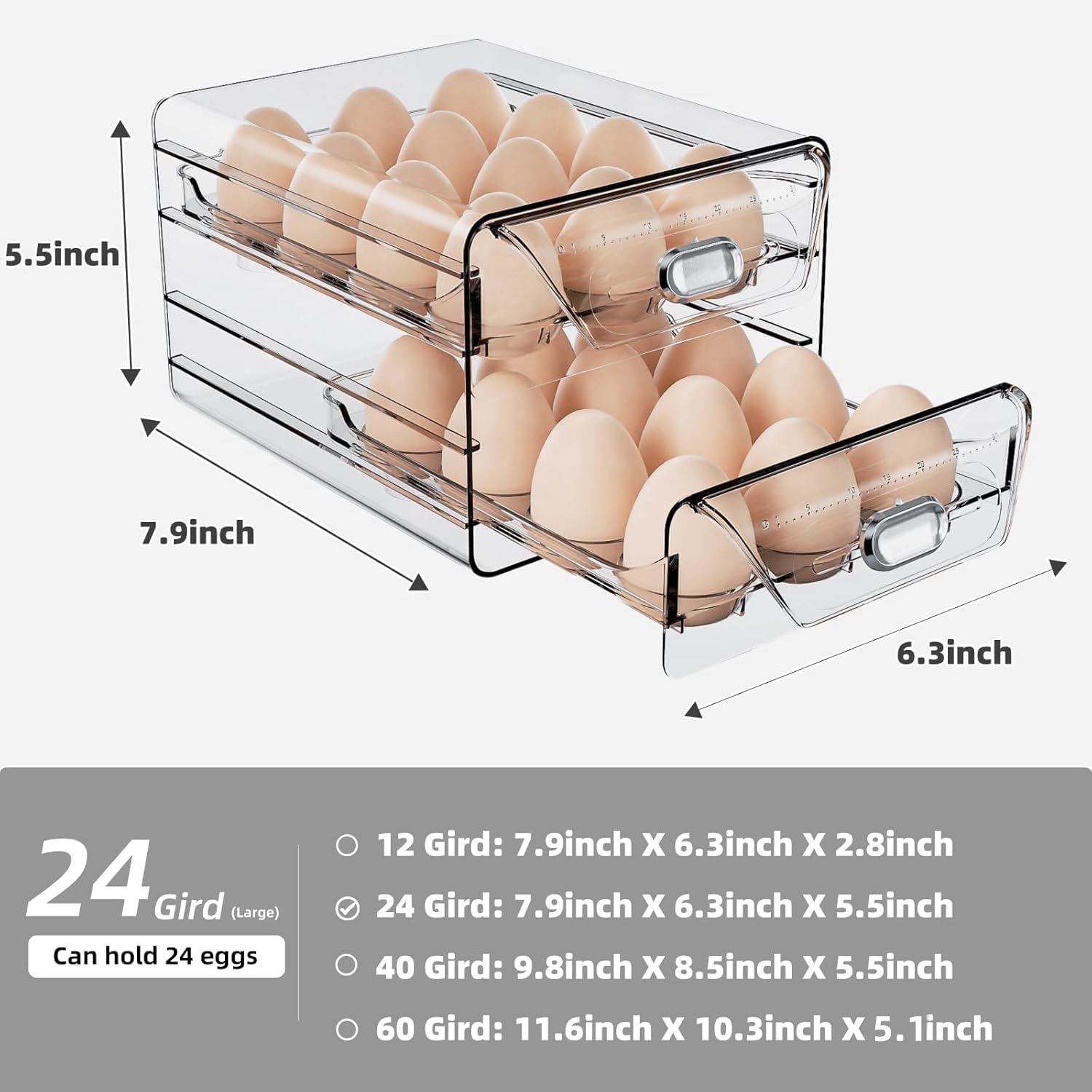 Clear 24 Egg Holder for Refrigerator - High Capacity Stackable Egg Organizer with Time Scale & Drawers (2 Layer, 7.9