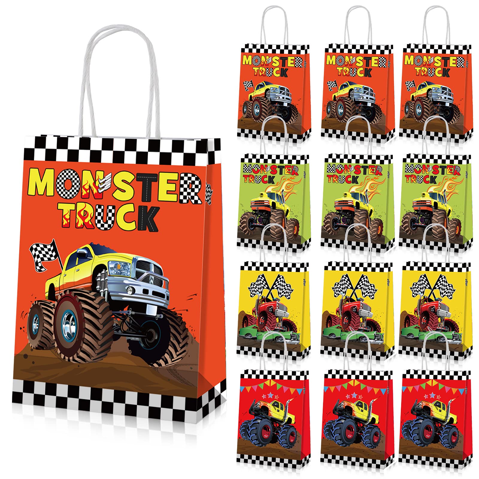 Sabary 12 Pcs Monster Truck Party Favor Bags - Durable Candy Treat Bags for Kids Birthday Party Decorations - Small to Medium Size - Perfect for Birthday Favors, School Events & Themed Parties