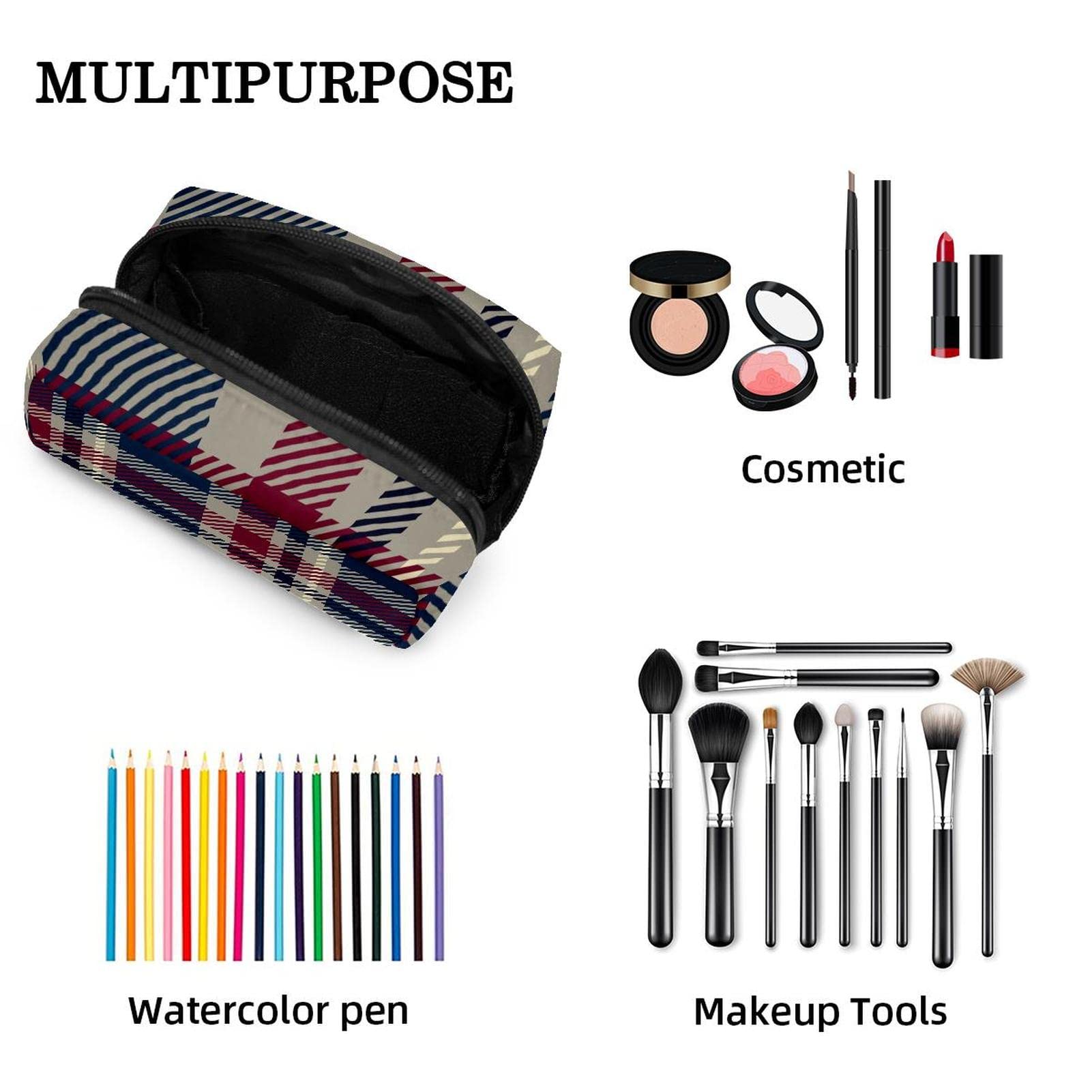 Waterproof Cosmetic Zipper Pouch - Navy Tartan Plaid Makeup Bag for Women | Travel Toiletry Organizer | Perfect for Gym, Vacation & Daily Essentials Storage