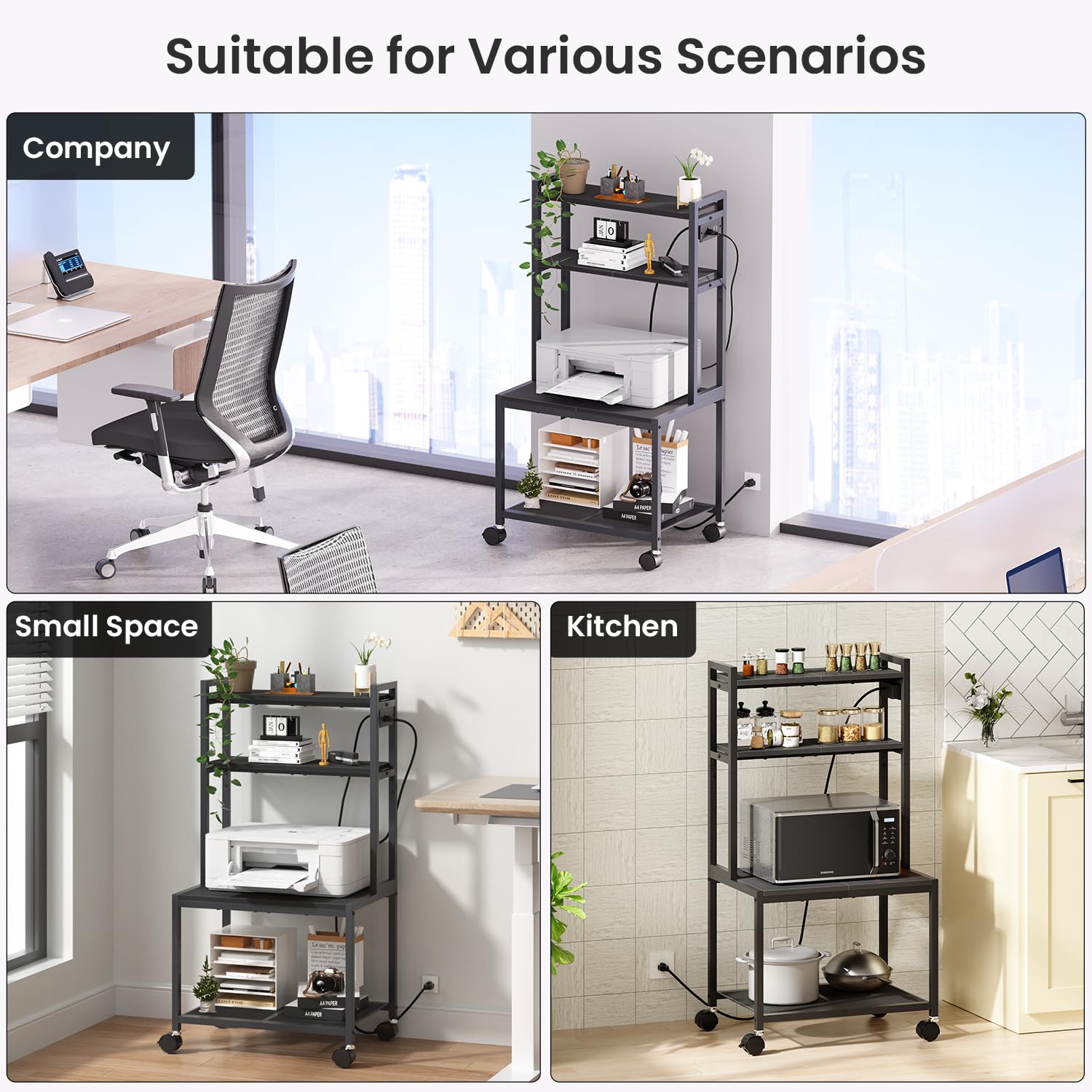 4-Tier Rolling Printer Stand with USB Charging Station & Storage Shelves - Adjustable Height Mobile Cart for Home Office, Kitchen, or Living Room - Perfect Desk Organizer for Printer, Scanner & Office Supplies (Black) - Ideal for Small Spaces & Clutter-Free Workspaces