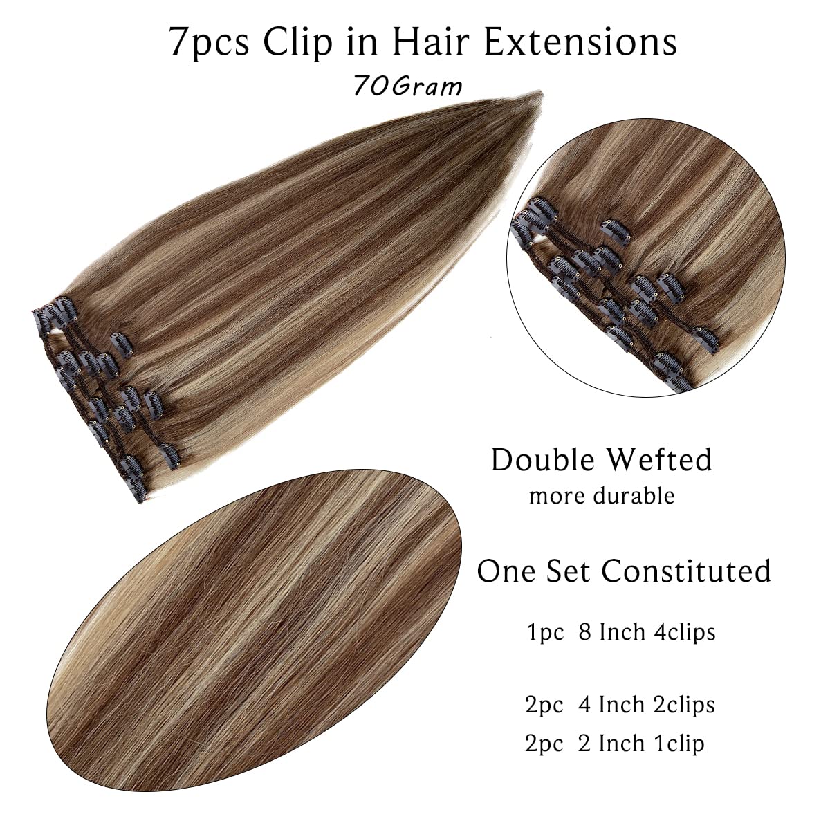 Ombre Brown to Chestnut Brown Clip in Hair Extensions with Ash Blonde Highlights - 7pcs 15Inch Double Weft Straight Remy Human Hair Extensions (70g) for Women - Perfect for Volume Boost, Styling & Special Occasions