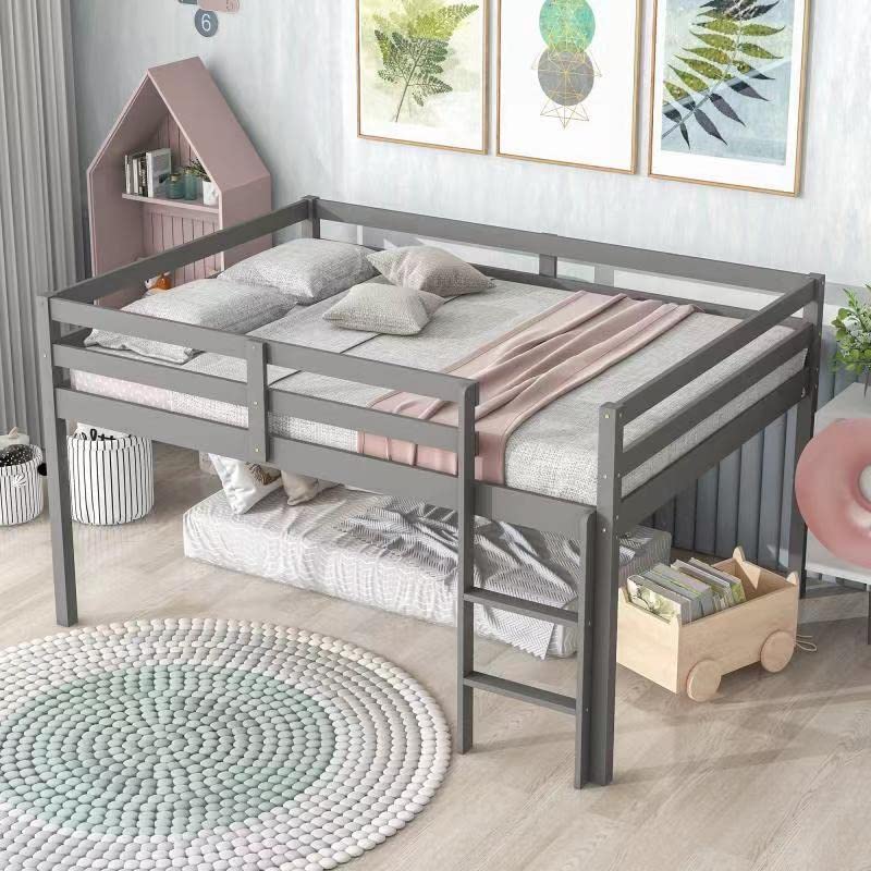 **Full Size Low Loft Bed with Ladder & Safety Guardrail - Sturdy Wood Loft Bed Frame for Kids, Teens, Boys & Girls - Space-Saving Gray Loft Bed for Small Rooms, Dorms & Apartments**
