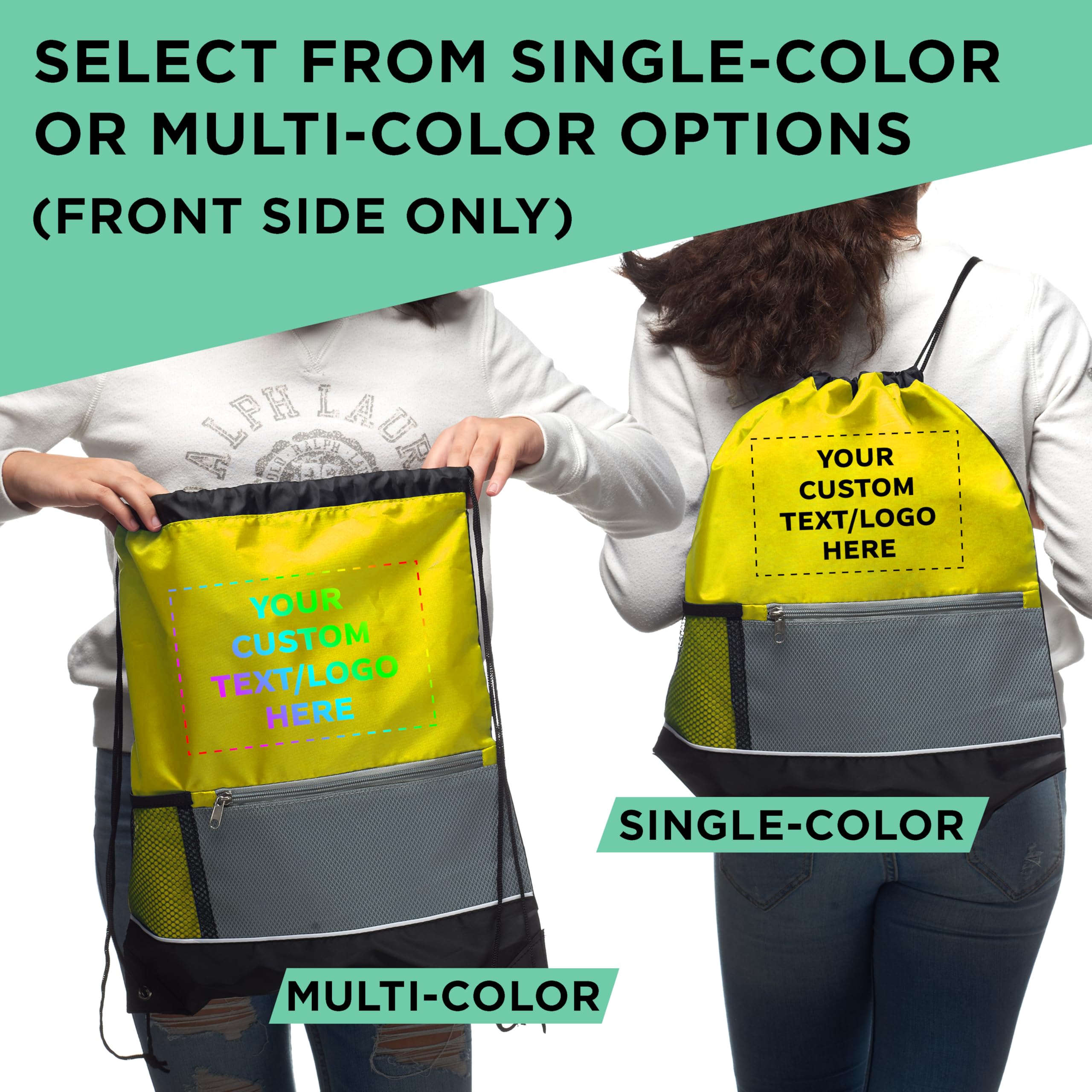 Custom Front Pocket Drawstring Backpacks - Bulk Pack of 100, Personalized & Reusable Lightweight Sports Bags for Promotions, Events & Gifts - Yellow | Perfect for School, Gym, Travel & Giveaways