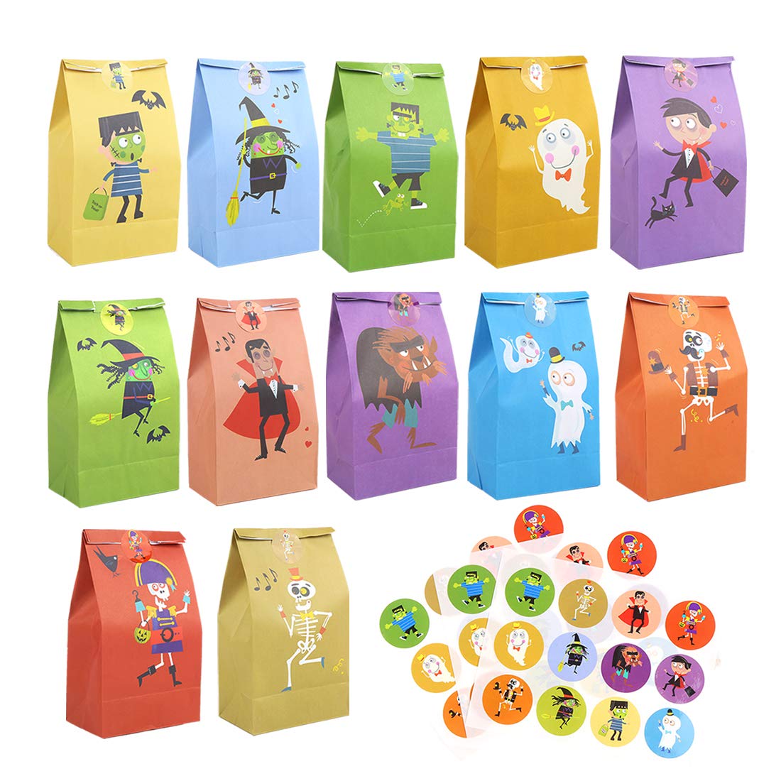CCINEE 36pcs Halloween Paper Treat Bags with 48 Round Stickers - Cute Candy Bags for Halloween Party, Trick or Treat, School Events & Gift Wrapping Supplies