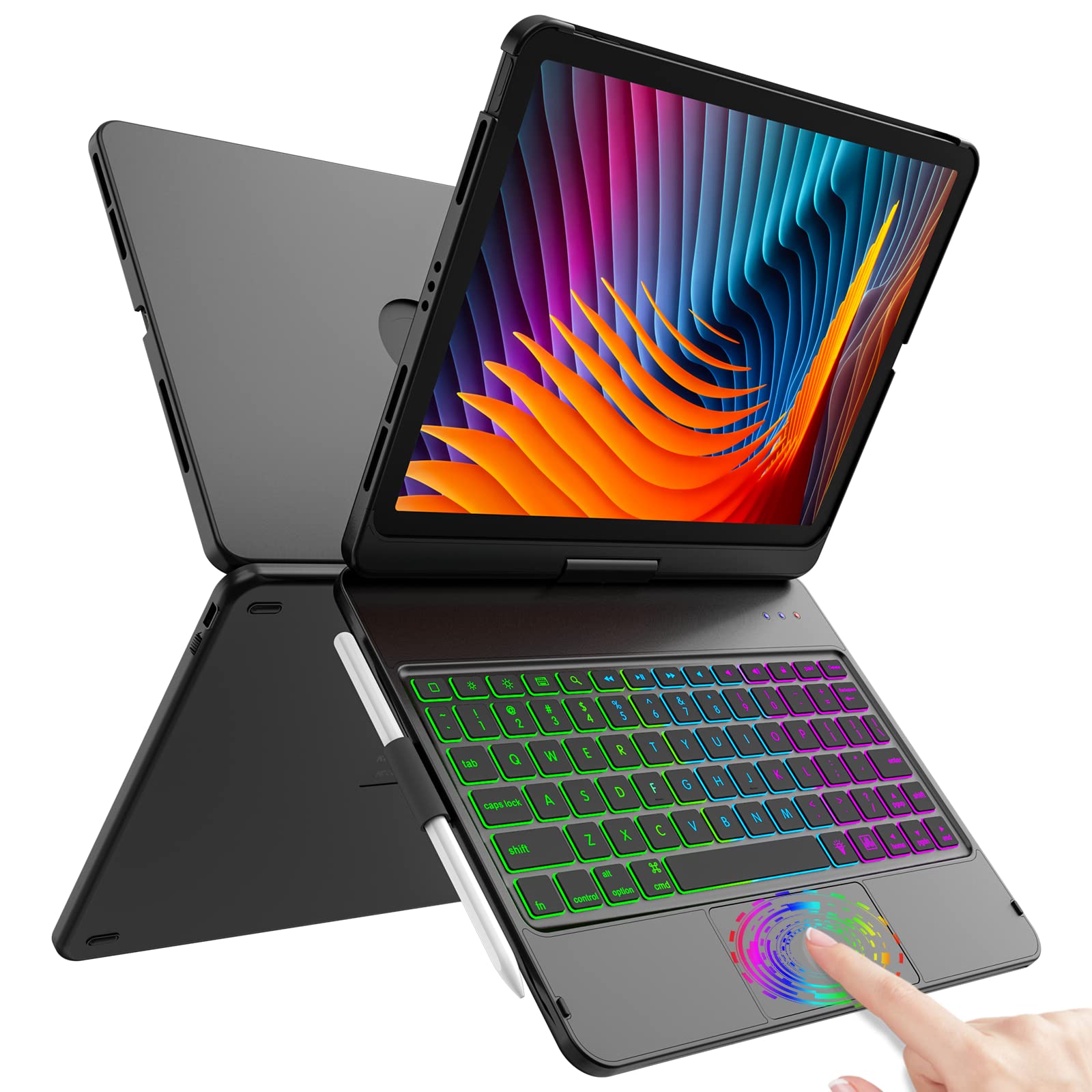 Premium Keyboard Case for iPad Pro 11 inch (3rd/2nd/1st Gen) & iPad Air 5th/4th Gen - Slim Protective Cover with Touch Trackpad, 10-Color Backlit Keyboard & 360° Rotation - Includes Apple Pencil Holder | Perfect for Work, Study & Travel