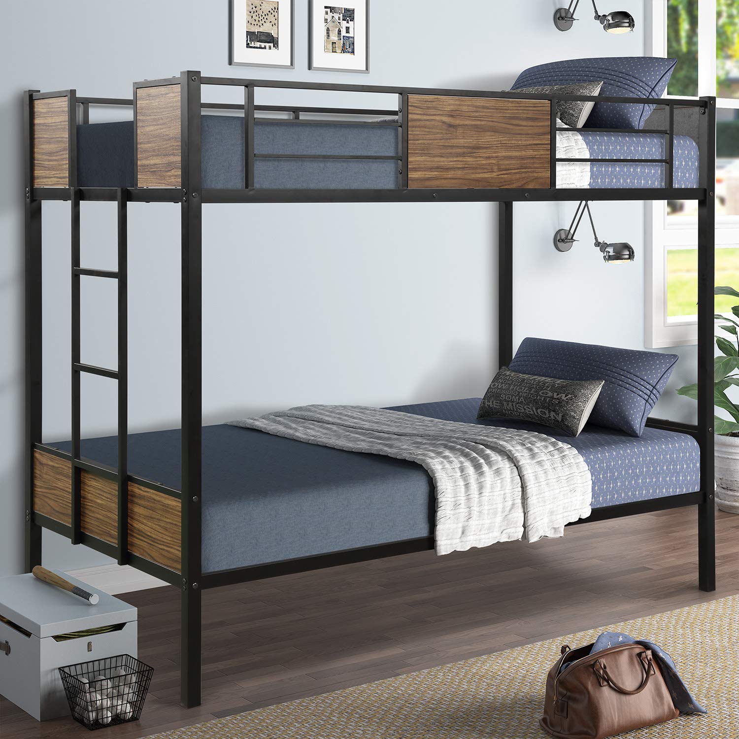 Modern Steel Twin-Over-Twin Bunk Bed Frame with Safety Rail & Built-in Ladder - Sturdy Metal Bunk Bed for Kids, Teens, Boys & Girls - Space-Saving Bedroom & Dorm Furniture (Brown) | Perfect for Shared Kids' Rooms, Sleepovers & Small Spaces