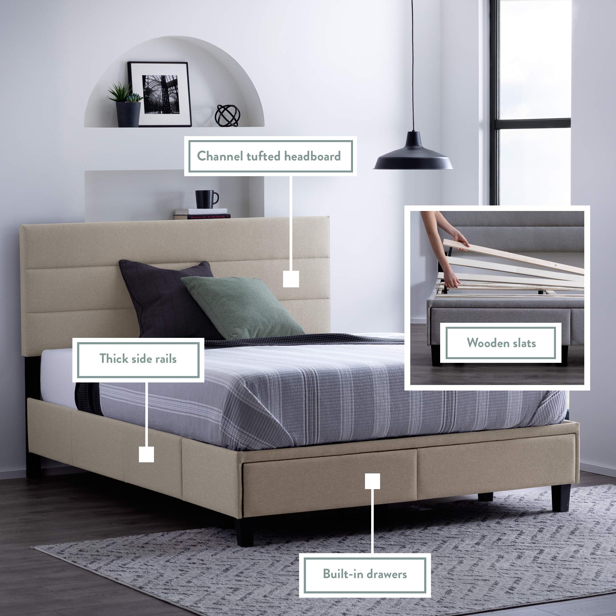 Edenbrook Johnson Upholstered King Bed with Built-in Storage Drawers & Modern Channel Tufted Headboard - Easy Assembly, Wheat Fabric - Perfect for Master Bedroom or Guest Room