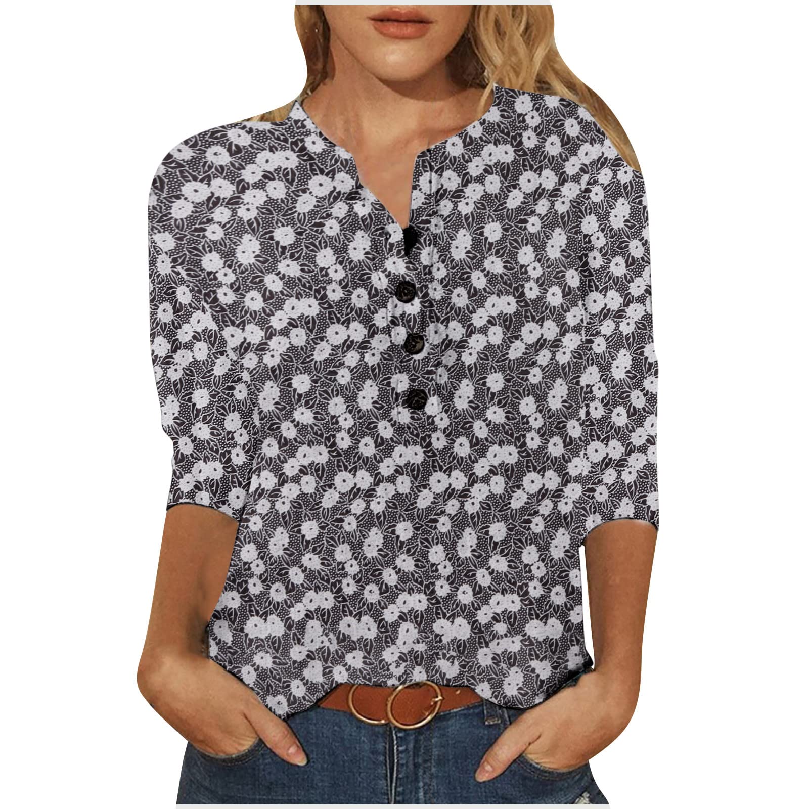 Women's 3/4 Sleeve V-Neck Floral Printed Tunic Tops - Spring Summer Casual Blouses & Tees - Comfy Shirts for Work, Weekend & Vacation Outfits