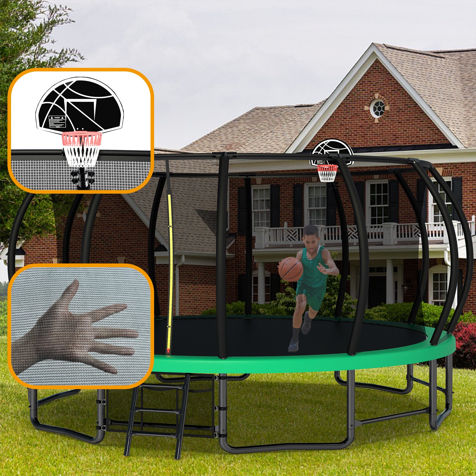 16FT Heavy Duty Outdoor Trampoline for Kids & Adults - ASTM Approved Pumpkin Shape with Anti-Rust Coating & Curved Poles | Perfect for Backyard Fun, Exercise, and Family Bonding