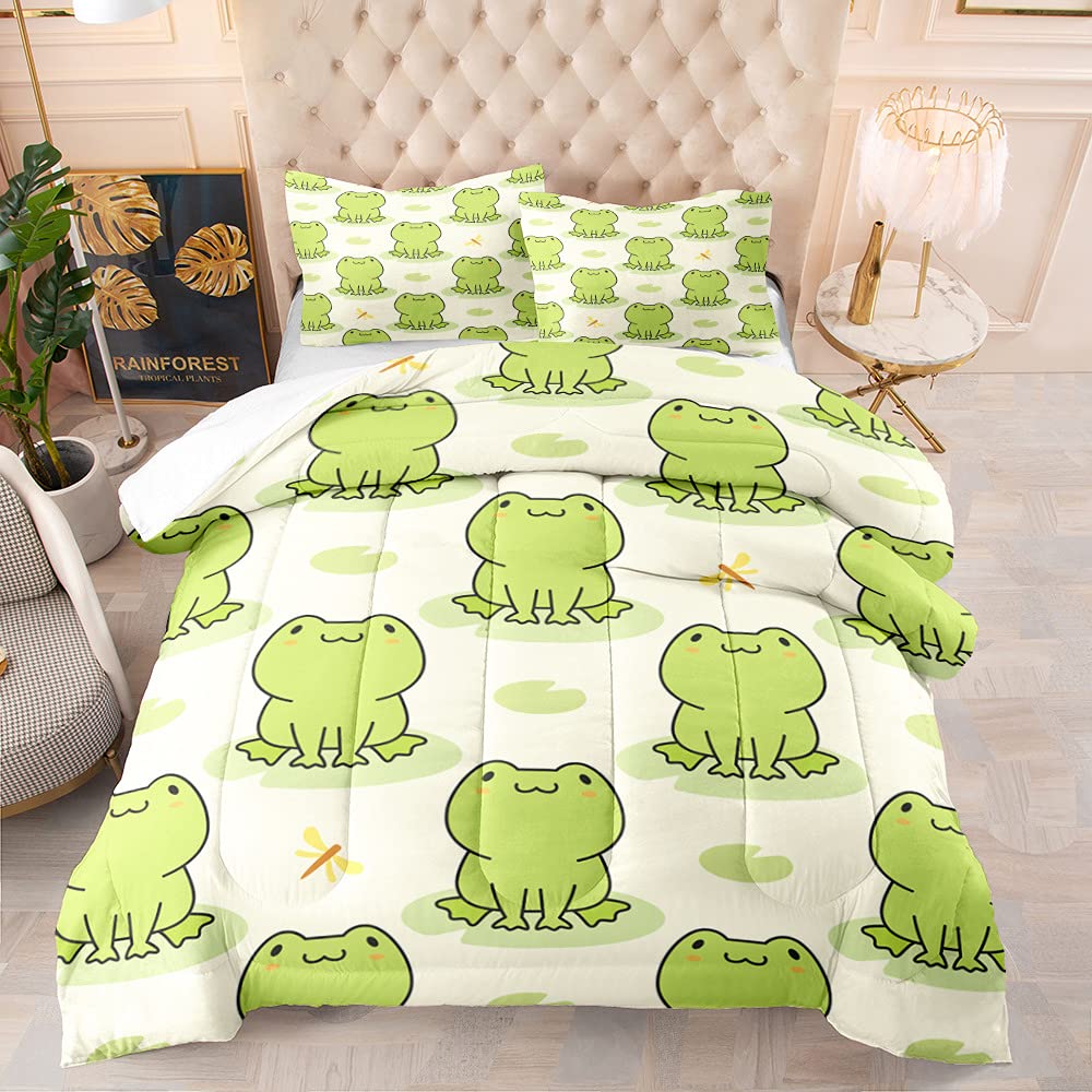 King Size Cute Green Frog Comforter Set - Kawaii Cartoon Frog Duvet Cover with 2 Pillowcases for Kids Boys Girls Bedroom | Soft Cozy Bedding for Children's Room, Nursery, or Playroom Decor