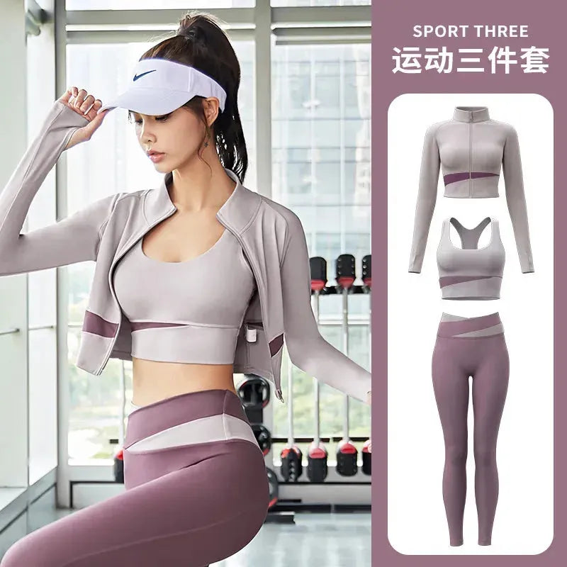 Women's 3-Piece Yoga Set - Patchwork Gym Coats, Sports Bra & Leggings - Workout Running Fitness Outfit for Women - Perfect for Yoga, Gym & Activewear