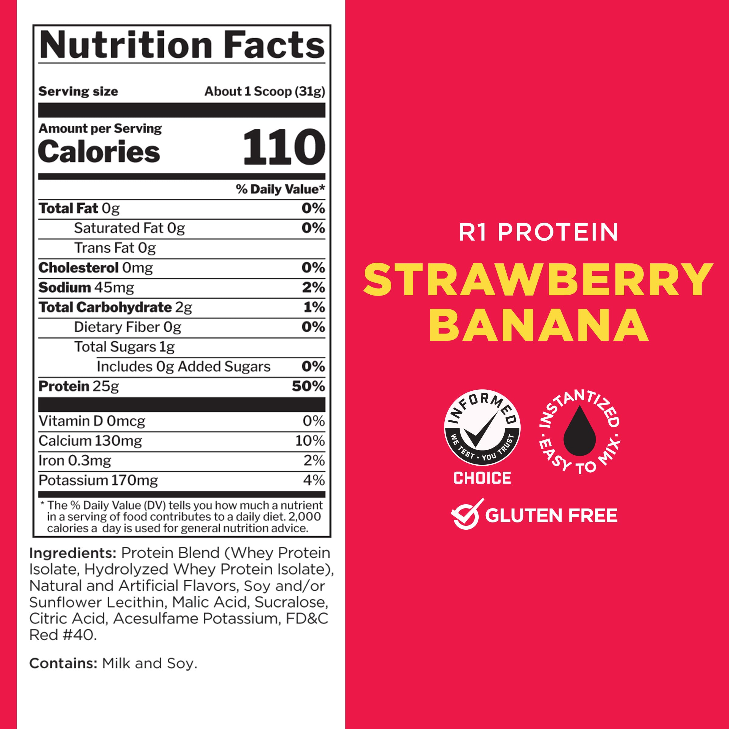 Rule One Proteins R1 Protein Powder - 25g Fast-Acting, Super-Pure 100% Whey Isolate & Hydrolysate with 6g BCAAs (2lbs, Strawberry Banana) for Post-Workout Recovery & Muscle Growth