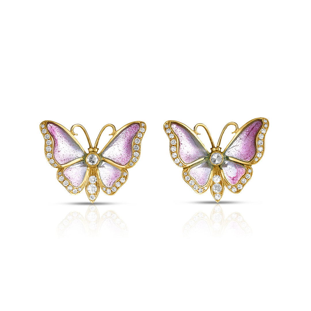 Exquisite Plique à Jour Diamond Butterfly Earrings - Handcrafted 18K Gold Jewelry for Women - Perfect for Weddings, Parties & Special Occasions