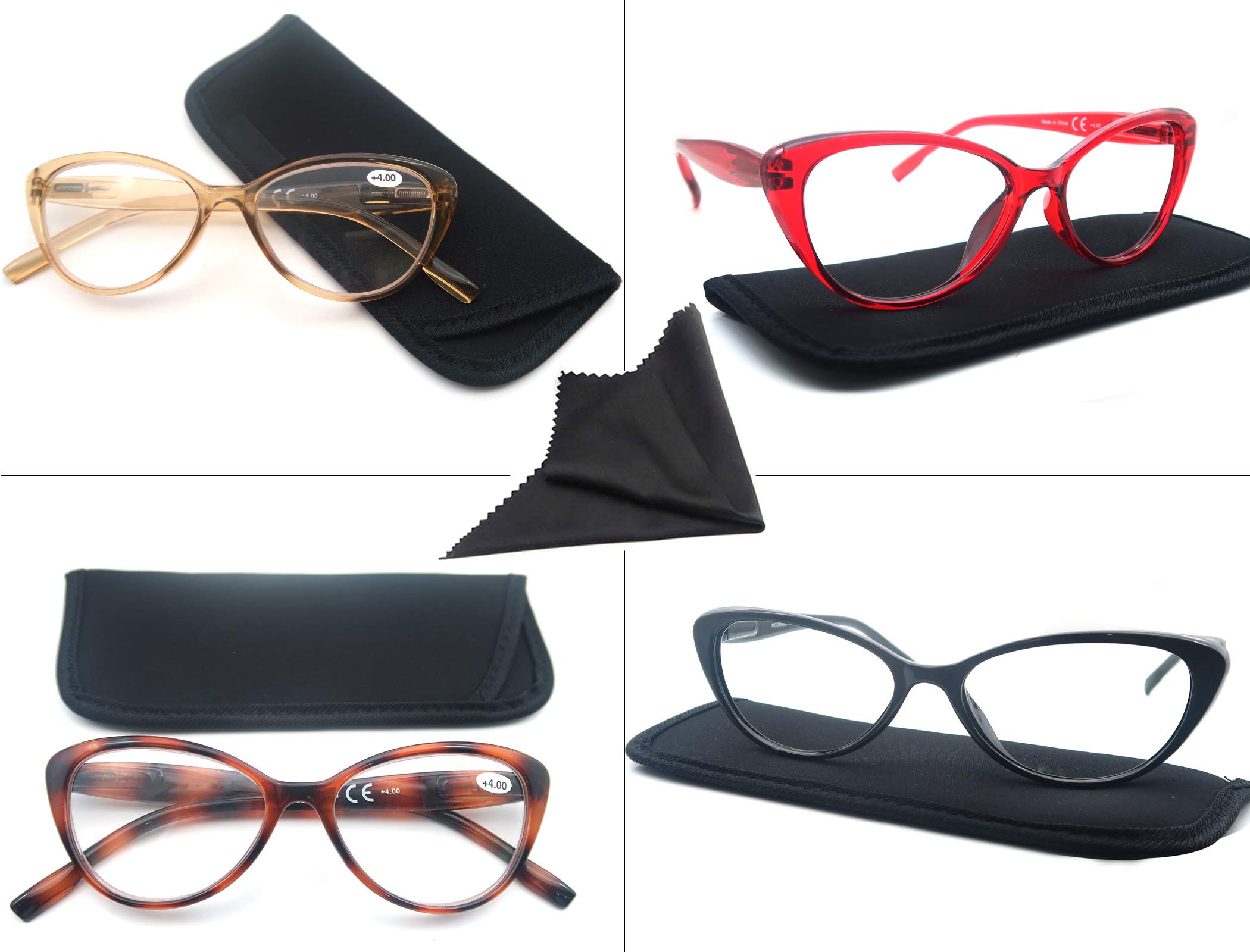 Stylish Women's Reading Glasses 4-Pack - Lightweight Comfortable Cheater Glasses with Spring Hinges | Fashion Eyewear for Reading, Working & Daily Use
