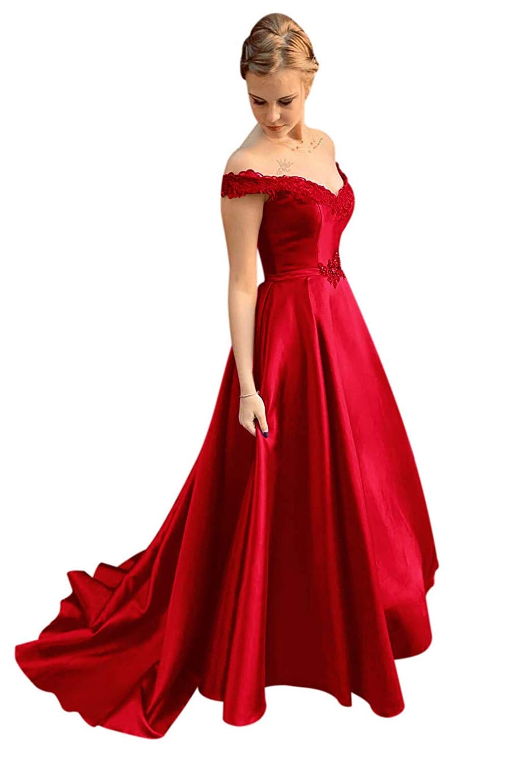 Elegant Off-The-Shoulder Applique Lace Prom Dress for Women - Long Formal Evening Gown for Homecoming, Wedding Guest & Special Occasions