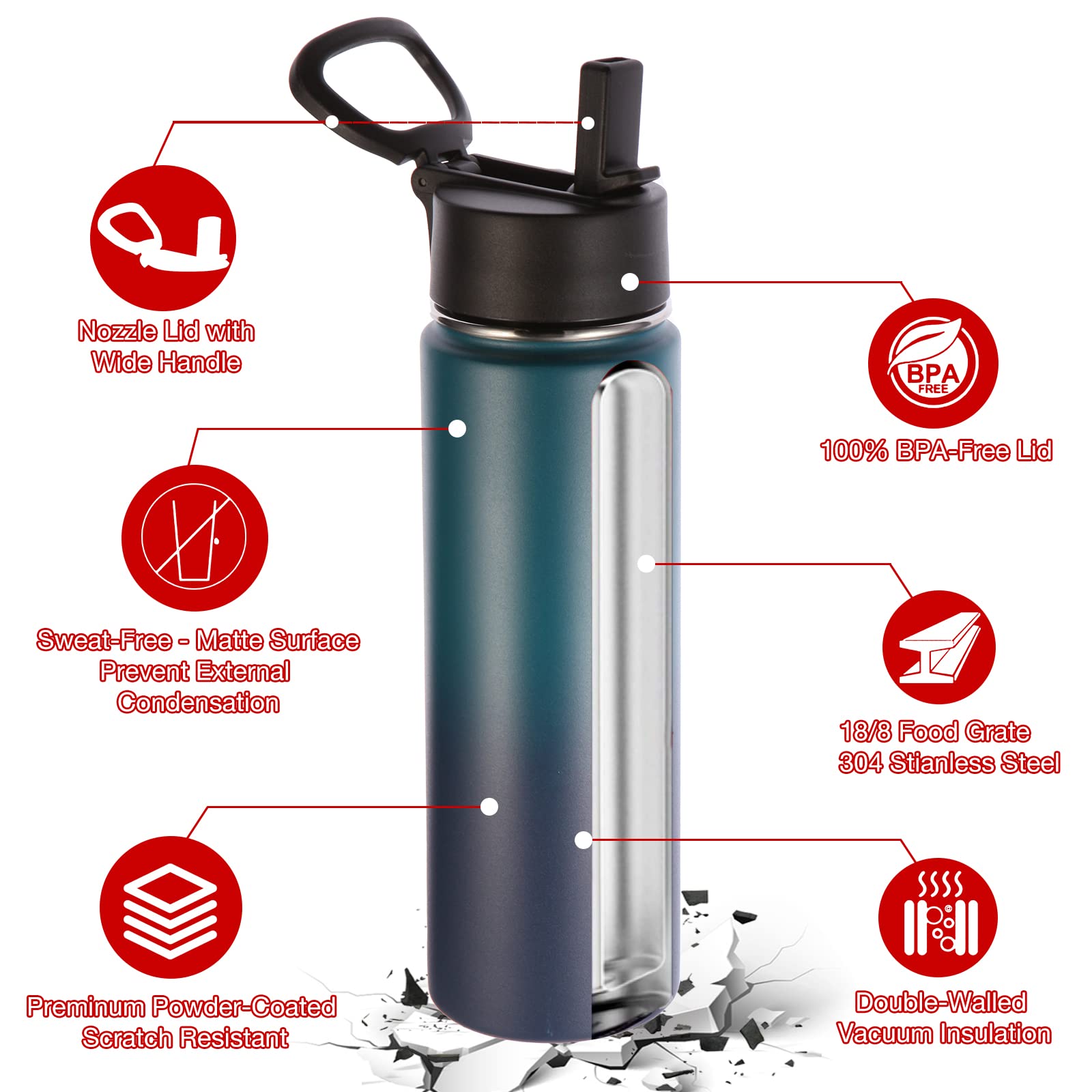 Volhoply 22 oz Insulated Stainless Steel Water Bottles with Straw & Handle - 4 Pack Bulk Set, Double Wall Vacuum Insulation, Wide Mouth Reusable Sports Bottle for School, Gym, Hiking & Outdoor Activities (Dark Night, 4 Set)