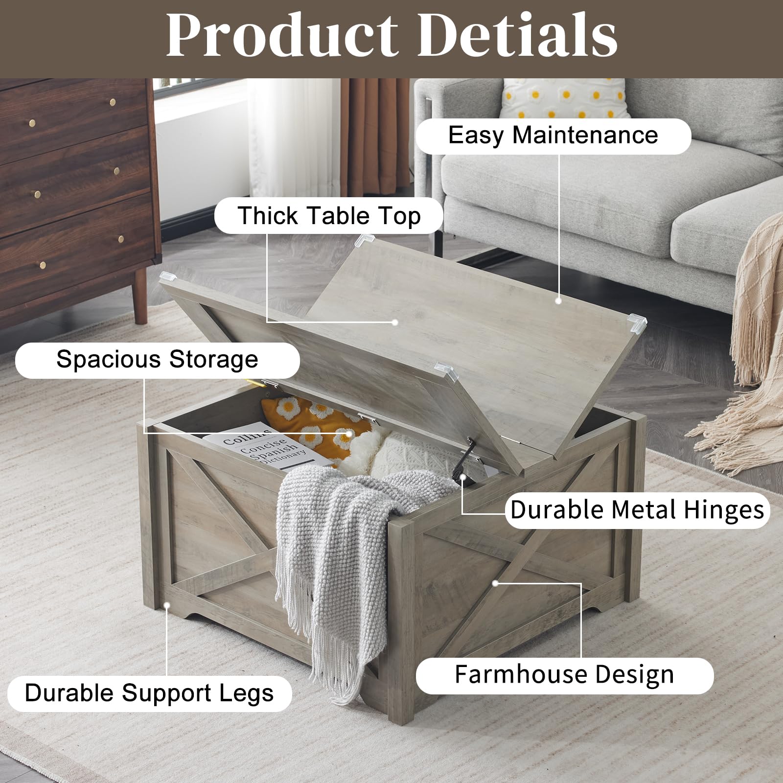 Karl Home Square Coffee Table with Storage - Farmhouse Rustic Gray Wooden Center Table with Hinged Lifting Tabletop - 31.5