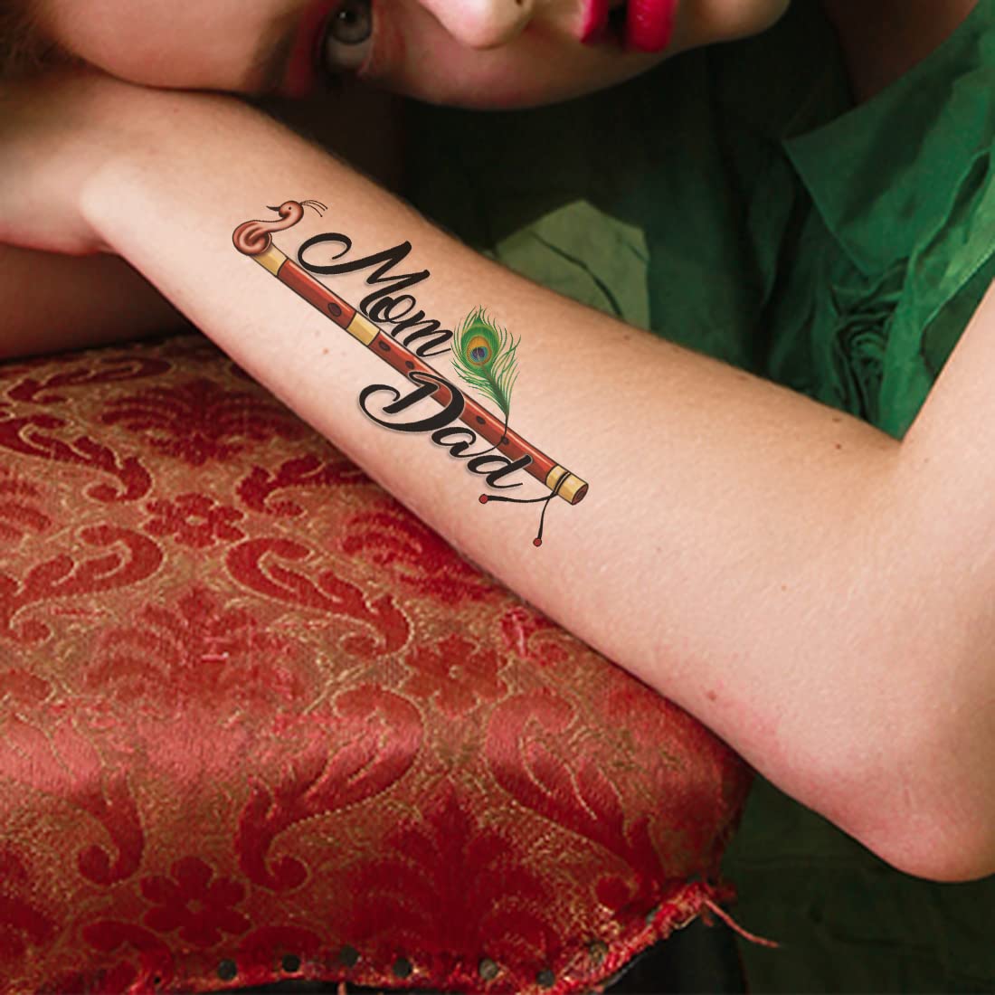 Waterproof Temporary Tattoo for Kids - Mom Dad with Flute Feather Design | Long Lasting Fake Body Art for Boys & Girls | Perfect for Parties, Halloween & Costume Events