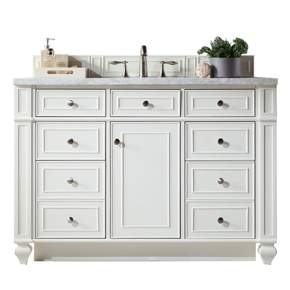 Bristol 48 Inch Single Bathroom Vanity Set with Bright White Finish & 3CM Eternal Jasmine Pearl Quartz Countertop - Perfect for Modern Master Bathrooms and Guest Suites