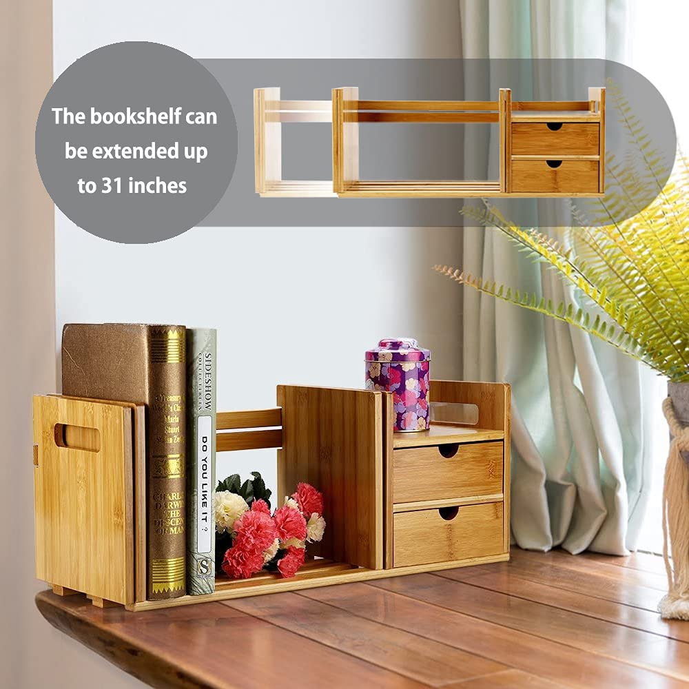 Catekro 6-Tier Bamboo Desktop Organizer with 2 Drawers - Wooden Office Desk Storage for Pens, Notepads, Stationery & Documents - Perfect for Home Office Organization & Workspace Decluttering