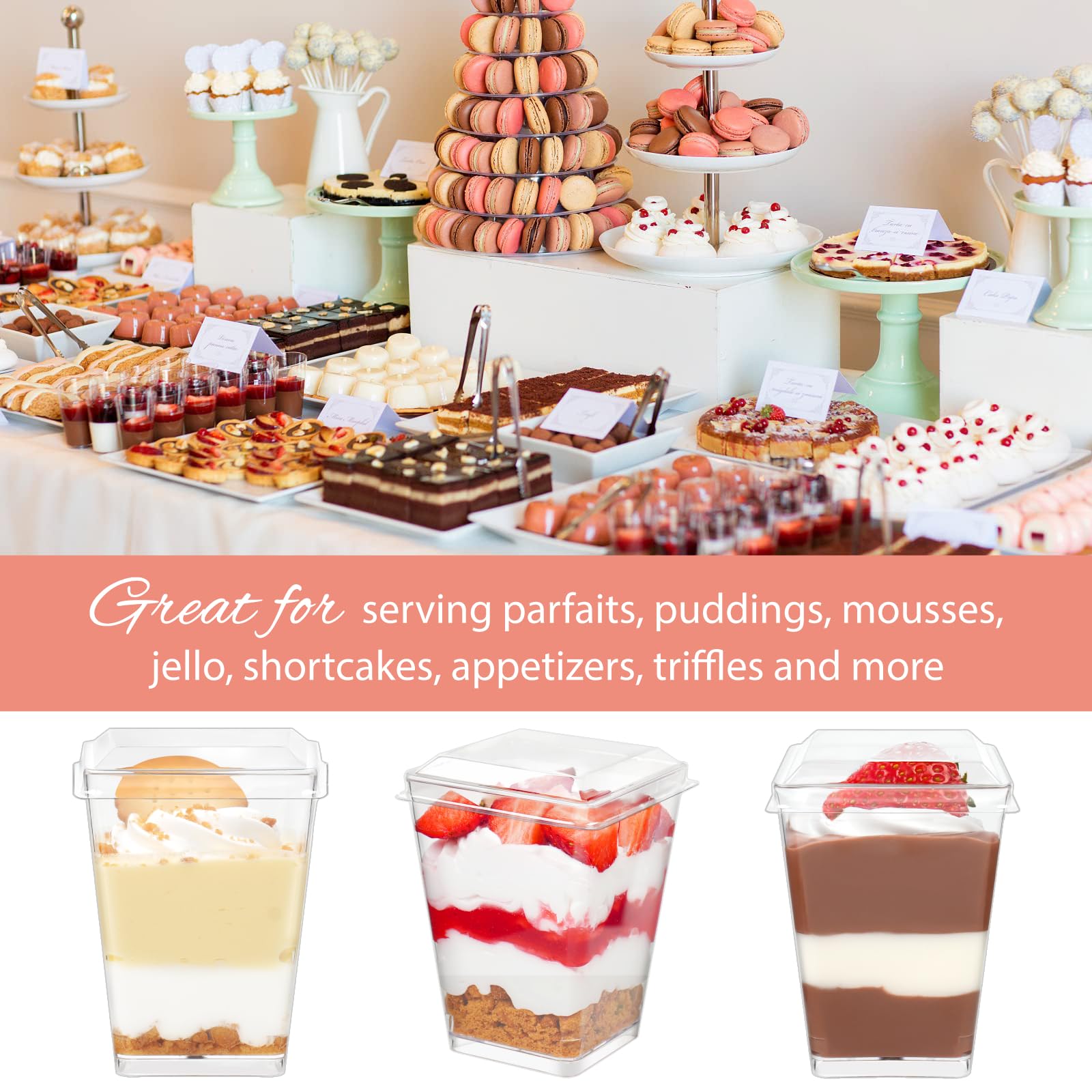 50 Pack 5 oz Clear Plastic Dessert Cups with Lids & Spoons - Reusable Mini Parfait Containers for Banana Pudding, Yogurt, Jello, Fruit Trifle - Perfect for Parties, Catering, and Individual Dessert Serving