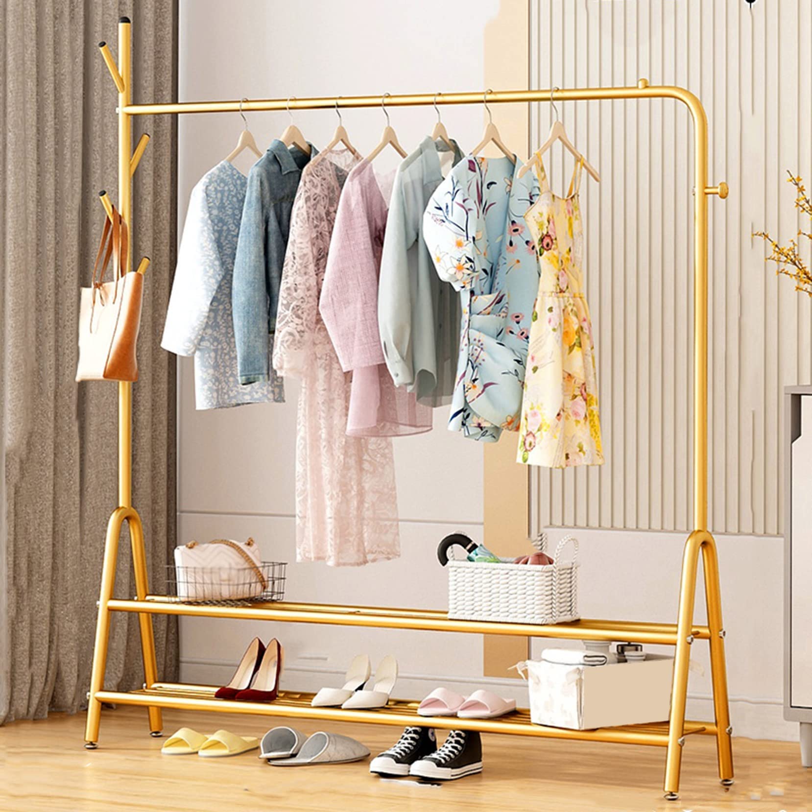 Freestanding Garment Clothes Rack with Top Rod & 2-Tier Storage - Metal Clothing Organizer for Hanging Clothes, Shoes & Accessories - Perfect for Bedroom, Laundry Room & Closet Organization