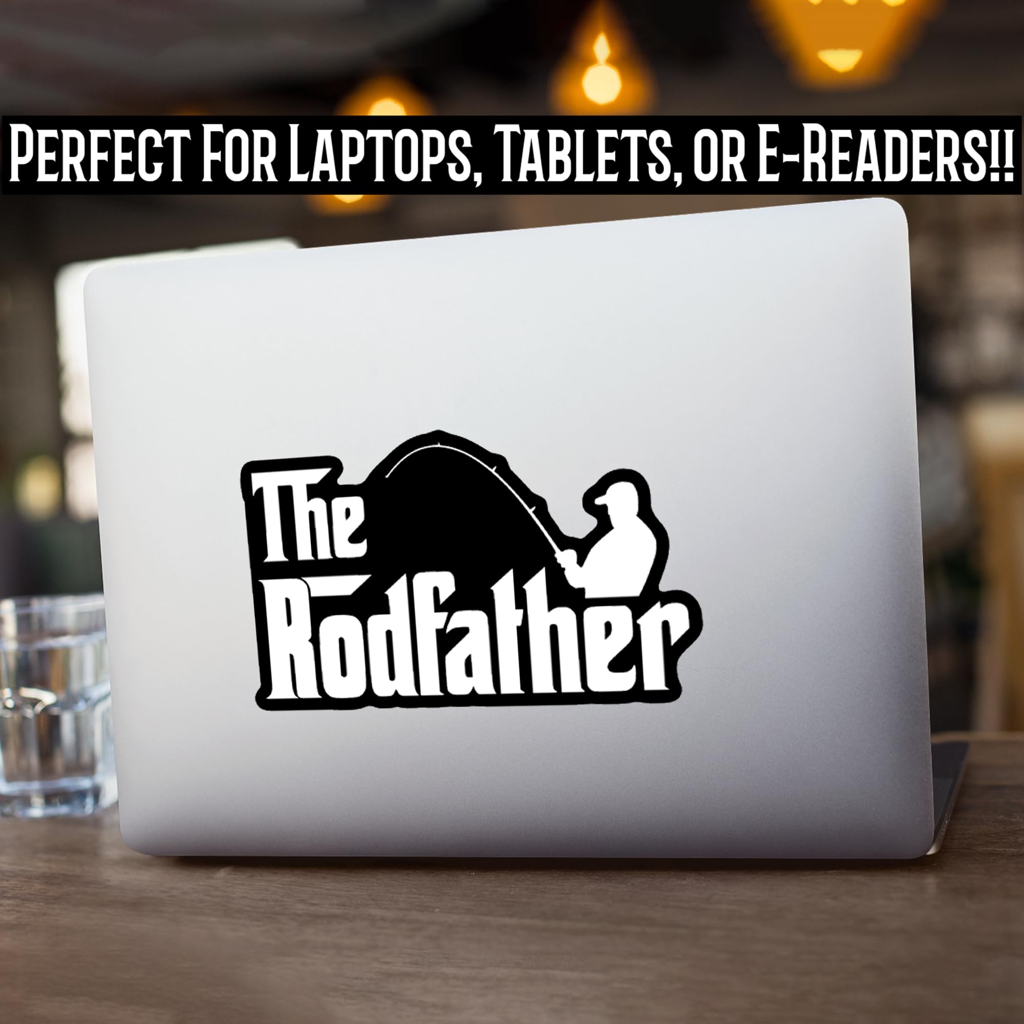 Fishing Rodfather Vinyl Decal Sticker - Waterproof Car Truck Wall Van Window Laptop Decal - 5.5 x 3.1 Inches White Sticker - KCD1834 - Perfect for Outdoor Enthusiasts & Vehicle Customization