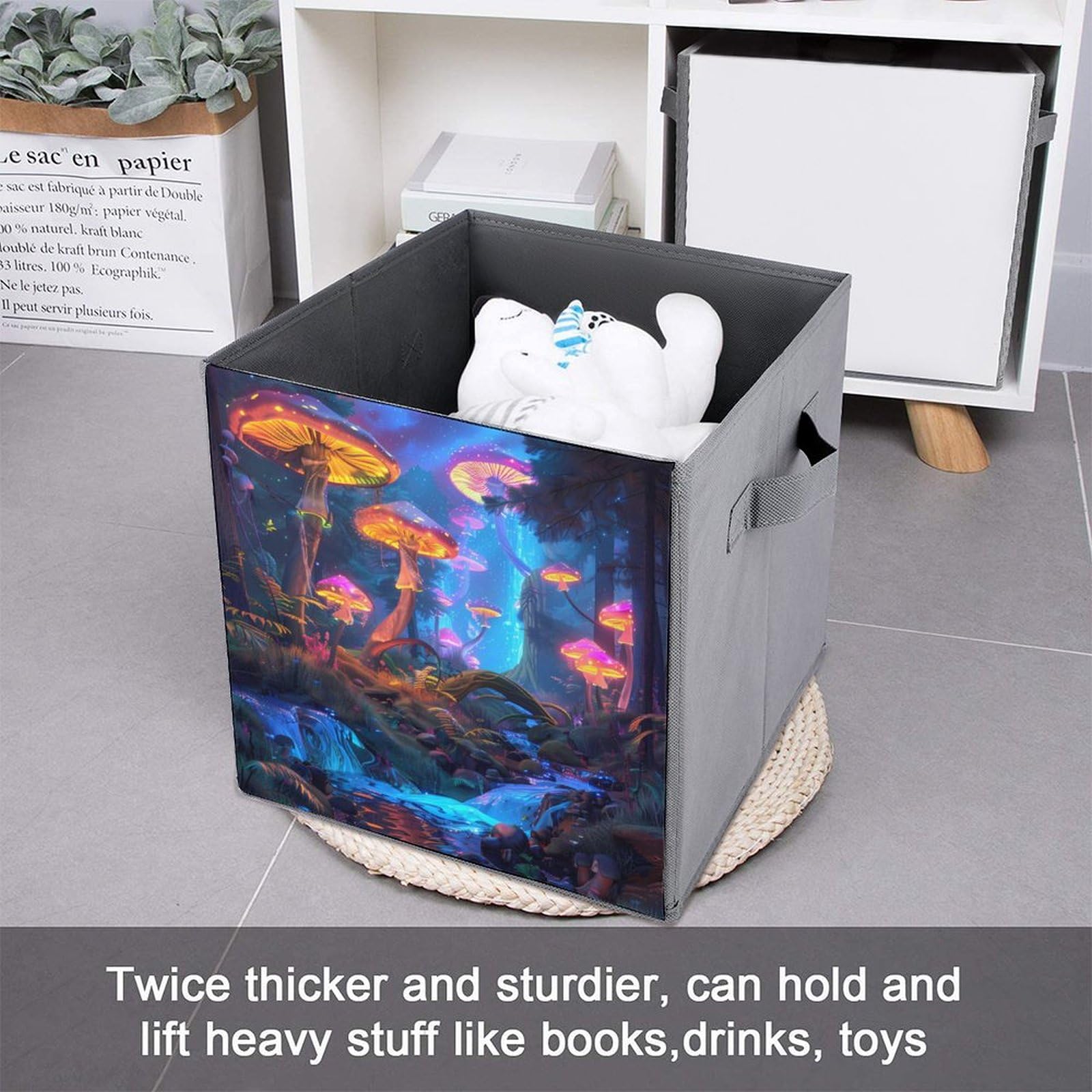 Blacklight Mushroom Folding Storage Cubes - Collapsible Fabric Organizer Bins with Handles for Closet, Nursery & Home Organization (1-Pack) - Perfect for Toys, Books & Laundry Storage