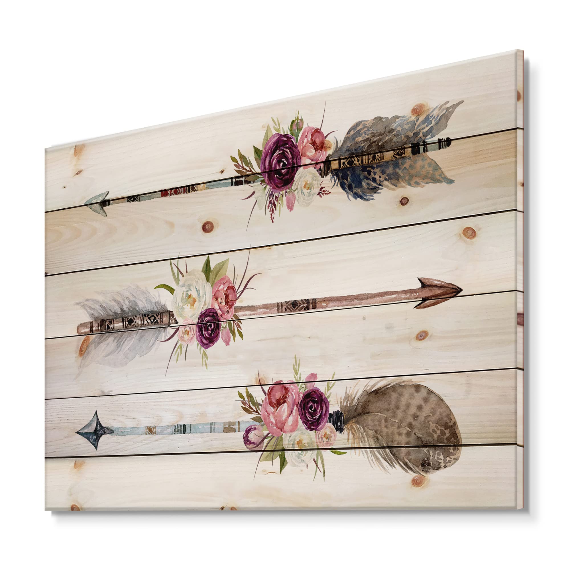 Bohemian Wood Wall Decor - Ethnic Feathers & Flowers Arrows Art, Large Cottage Wall Panels Printed on Natural Pine Wood - Perfect for Living Room, Bedroom, or Boho Home Decor