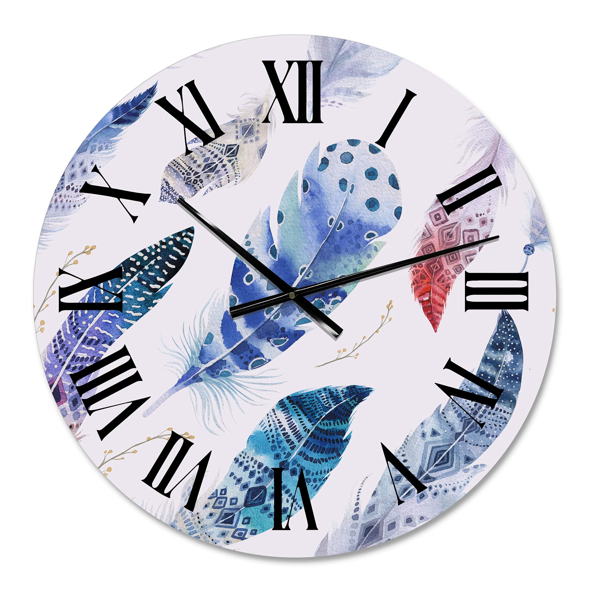 Bohemian Wall Clock with Elegant Blue Boho Feathers - Large Decorative Kitchen Clock for Home, Office & Living Room Decor | Unique Animal-Themed Wall Art for Boho Chic Interiors