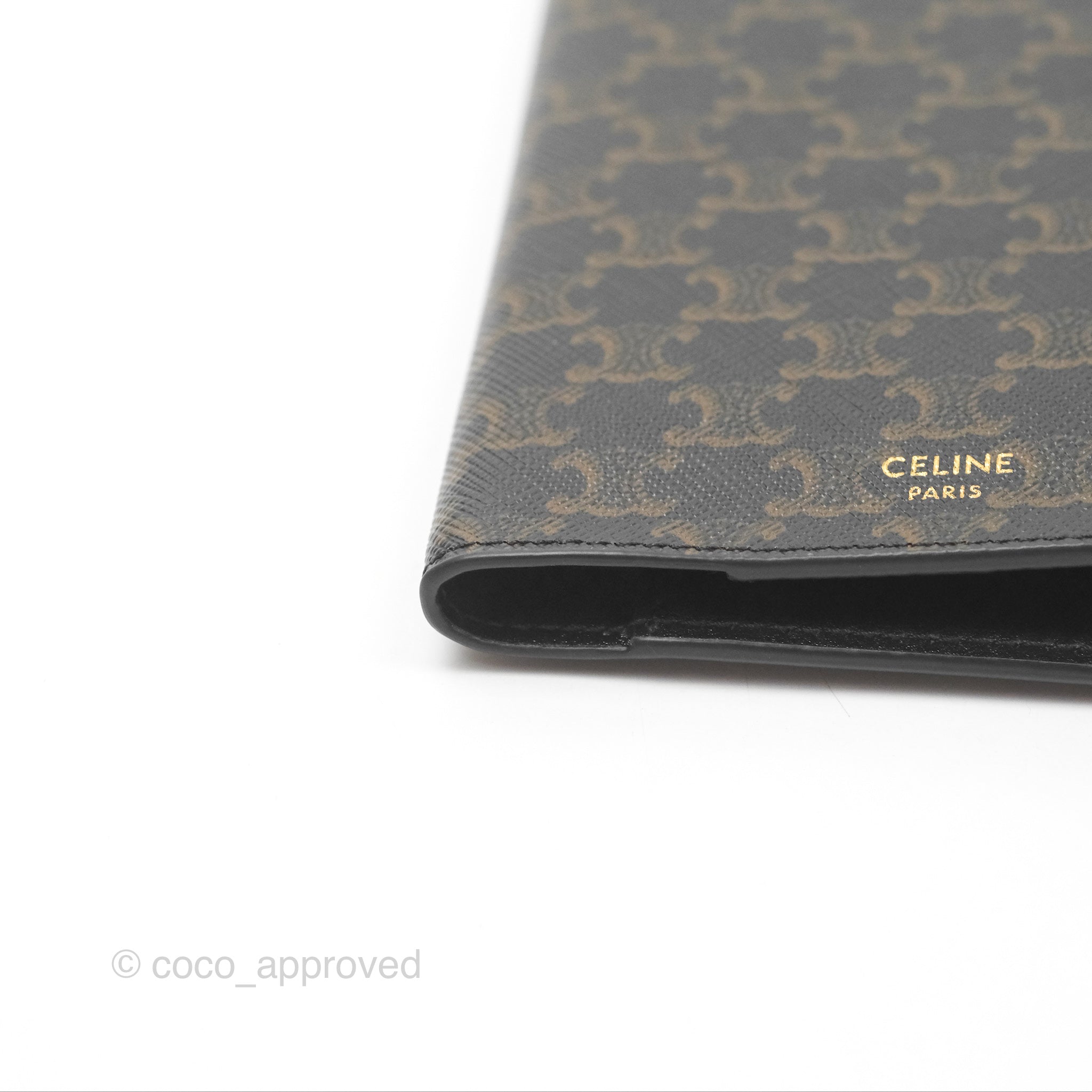 Luxury Celine Triomphe Passport Holder - Black Calfskin Leather with Canvas Cover | Perfect for Travel & Business Trips