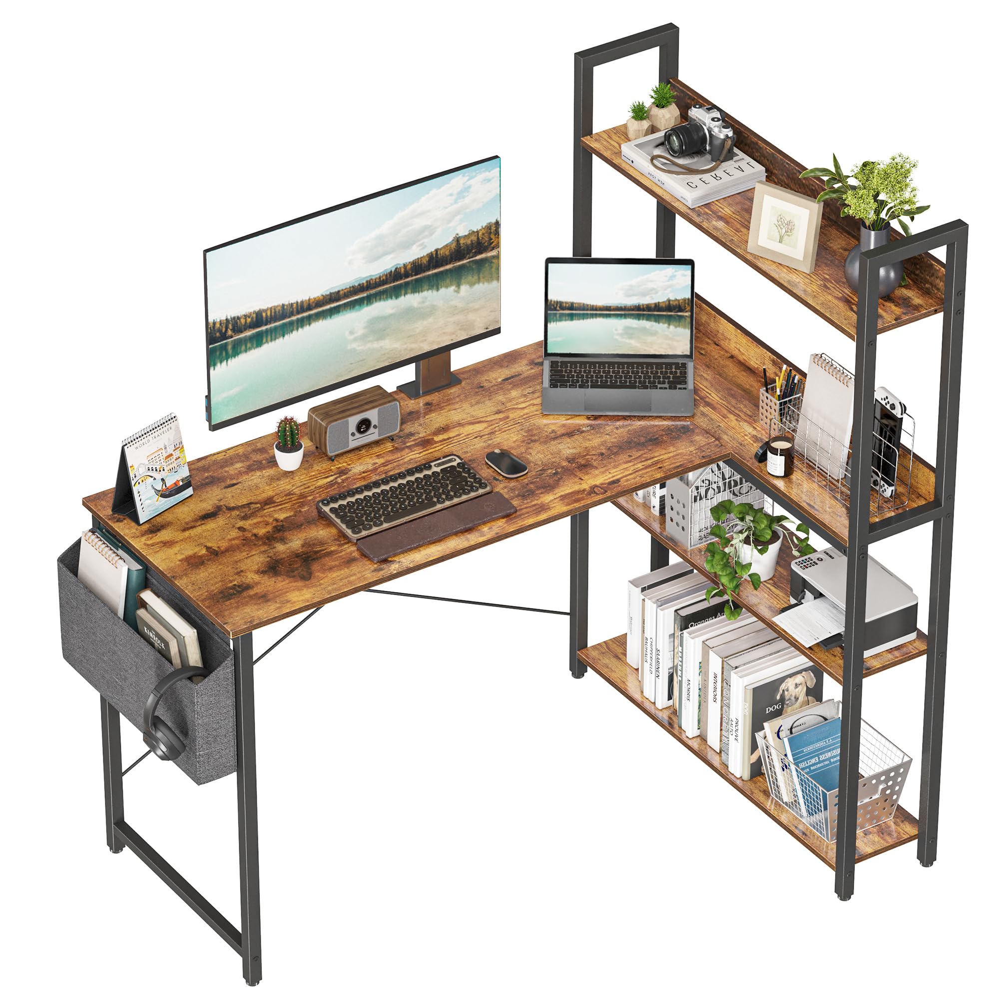 **Treesland 47 Inch L-Shaped Computer Desk with Bookshelf & Storage - Home Office Corner Desk for Study, Writing & Work - Perfect for Bedroom, Office & Small Spaces (Brown)**