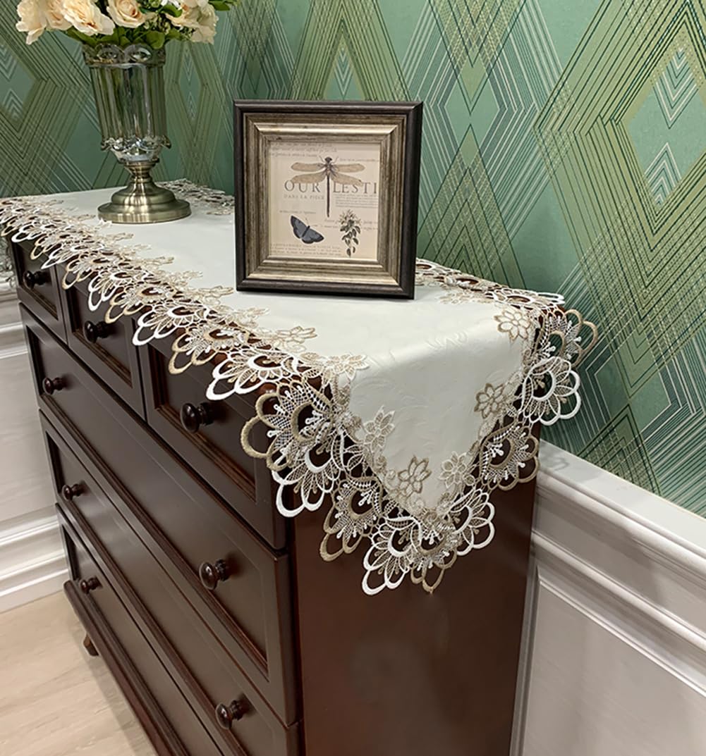 AMZALI Macrame Table Runners for Party, 70inch Lace Floral Embroidered Rectangle Table Dresser Scarf, Wedding and Home Decor, Beige & White